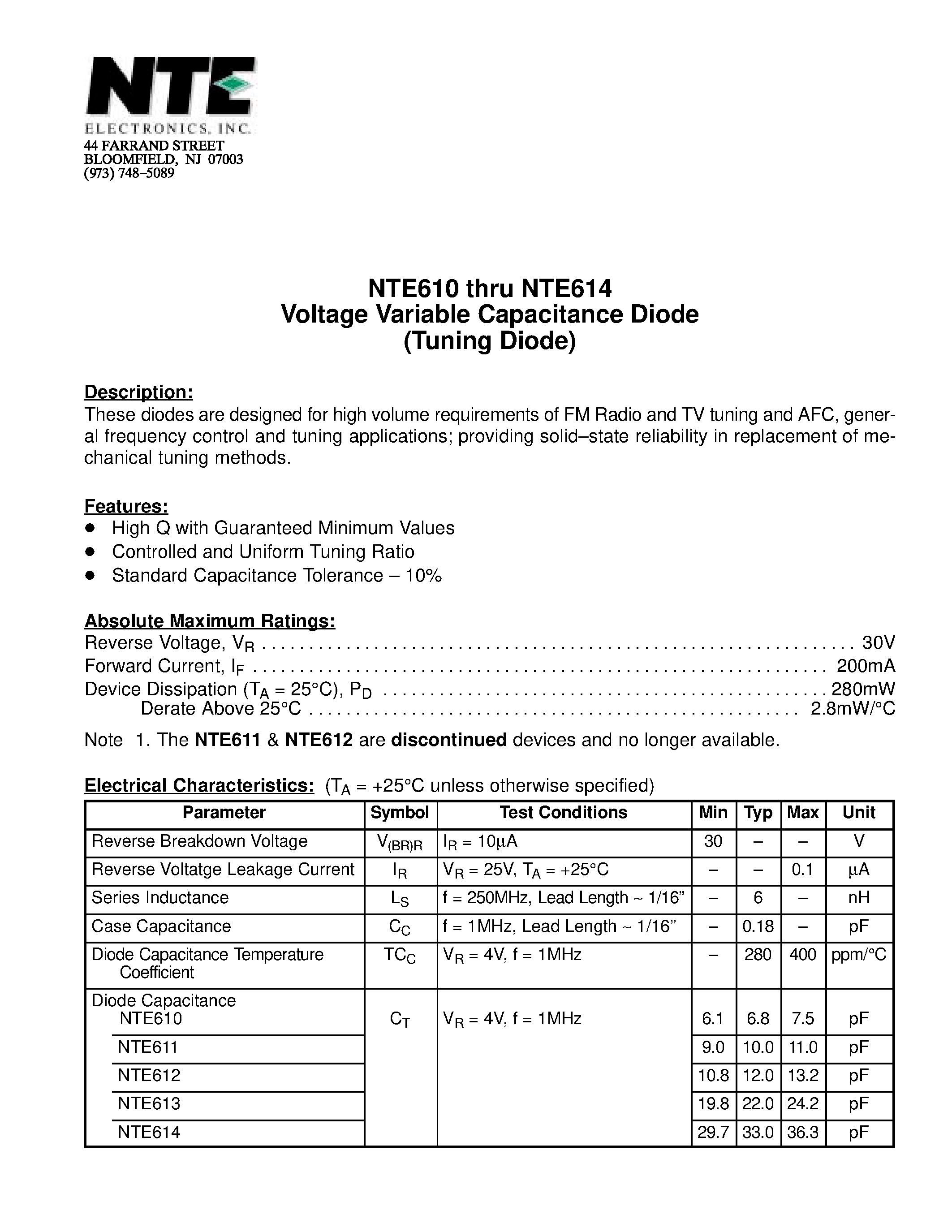 Datasheet NTE610 page 1 Datasheet NTE610 - Voltage Variable Capacitance Diode (Tuning Diode) page 1