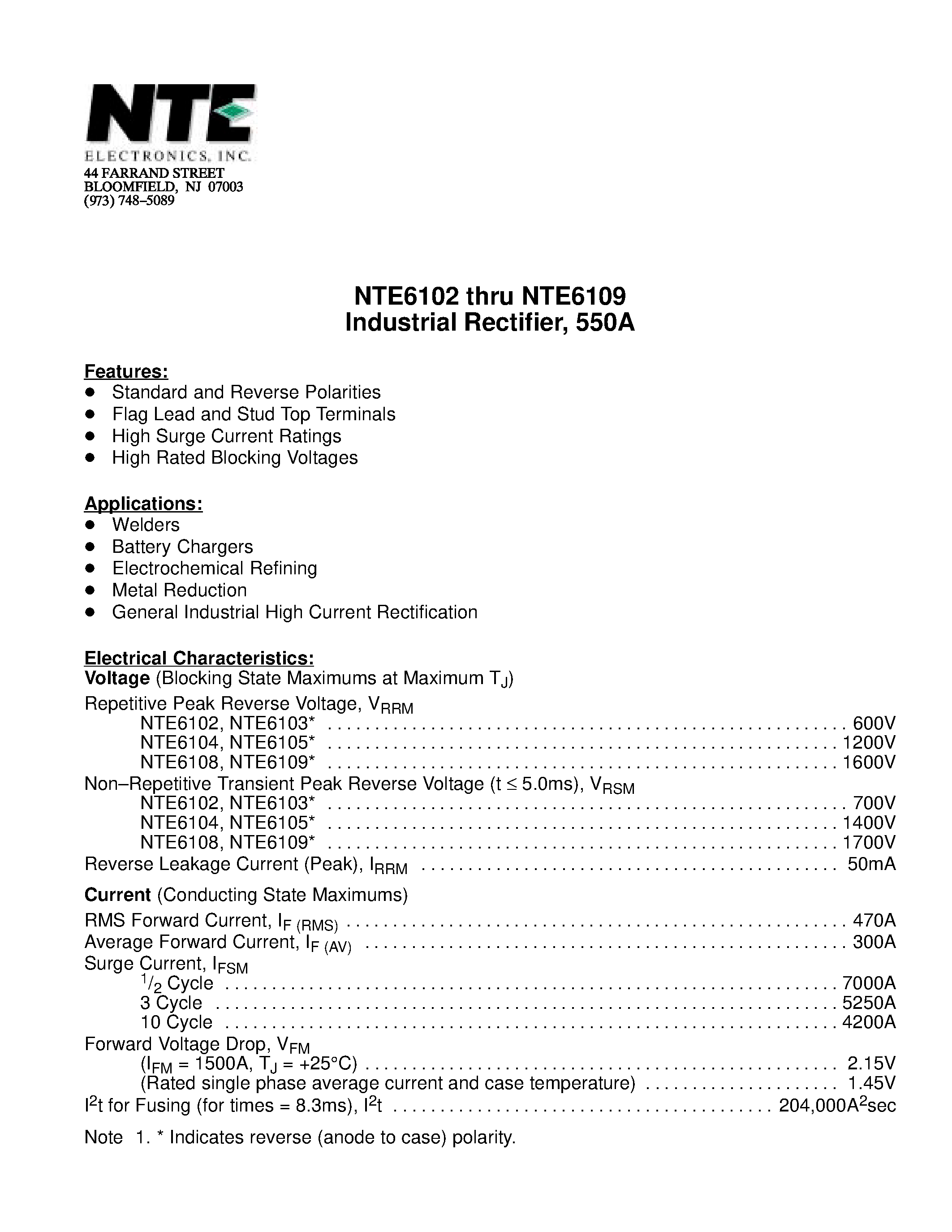 Даташит NTE6109 - Industrial Rectifier / 550A страница 1