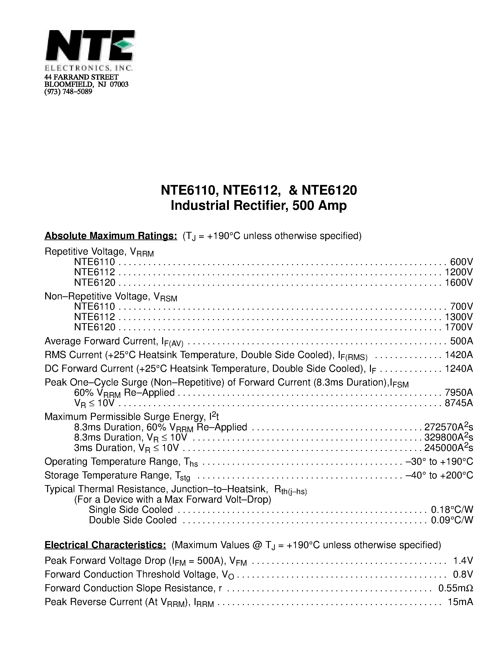 Даташит NTE6112 - Industrial Rectifier / 500 Amp страница 1