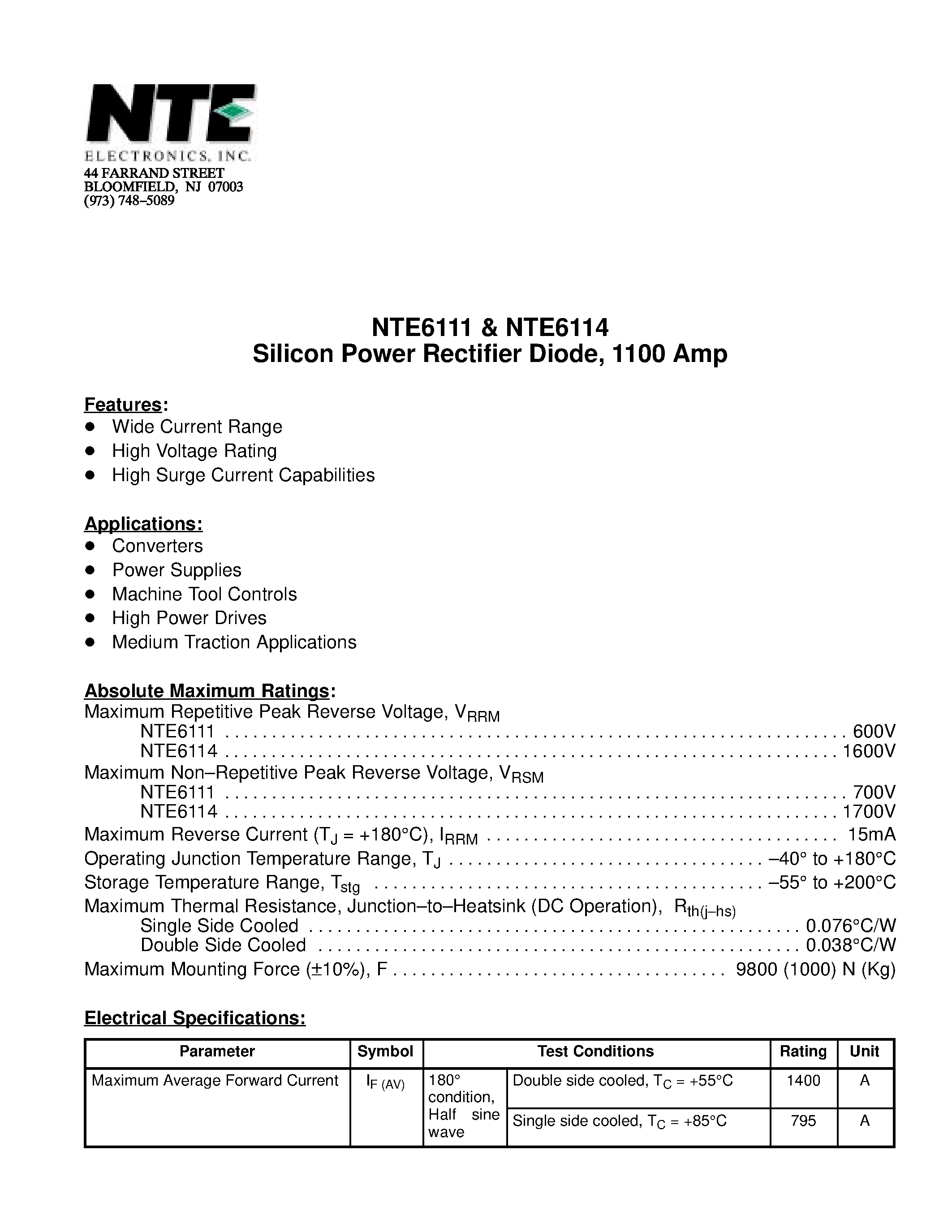 Даташит NTE6114 - Silicon Power Rectifier Diode / 1100 Amp страница 1