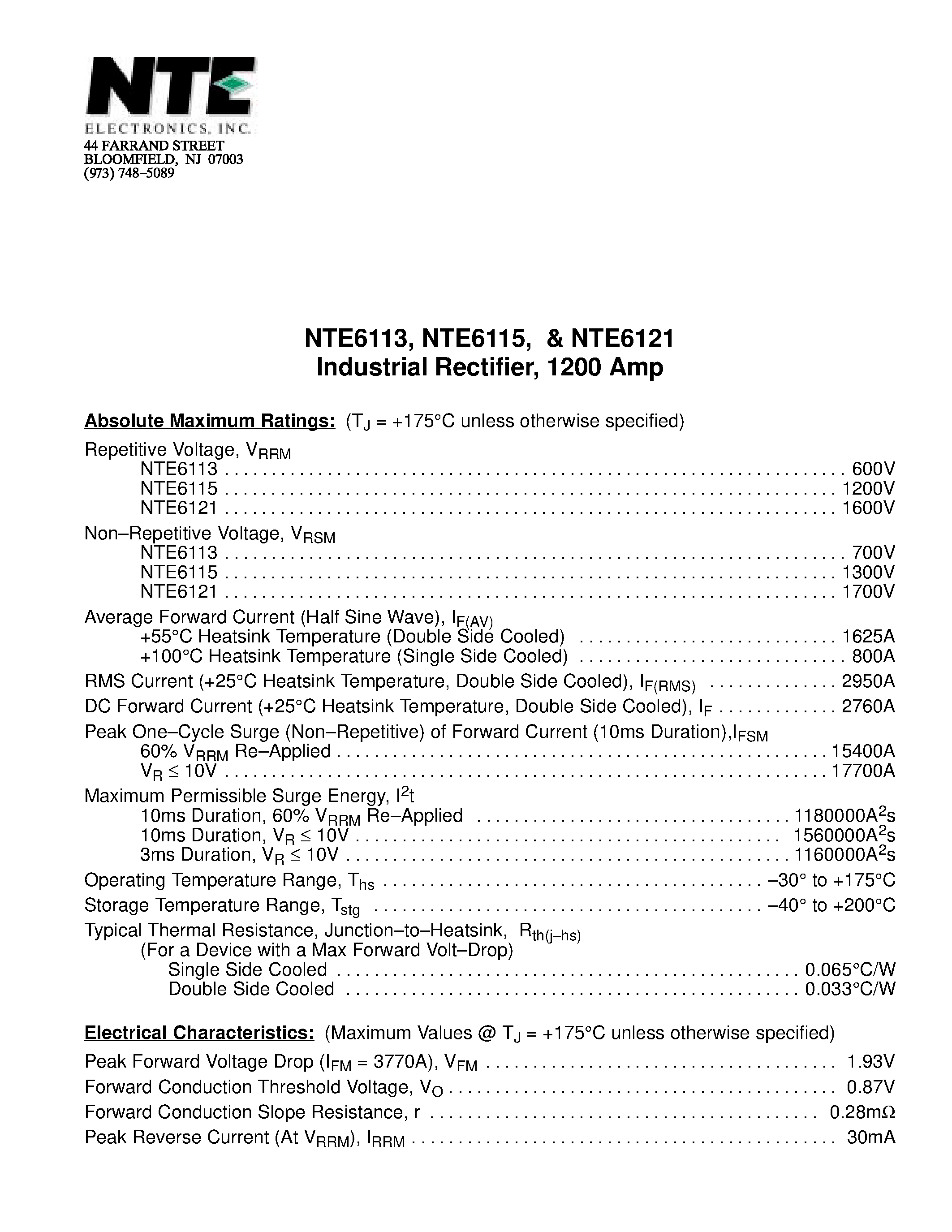 Даташит NTE6115 - Industrial Rectifier / 1200 Amp страница 1