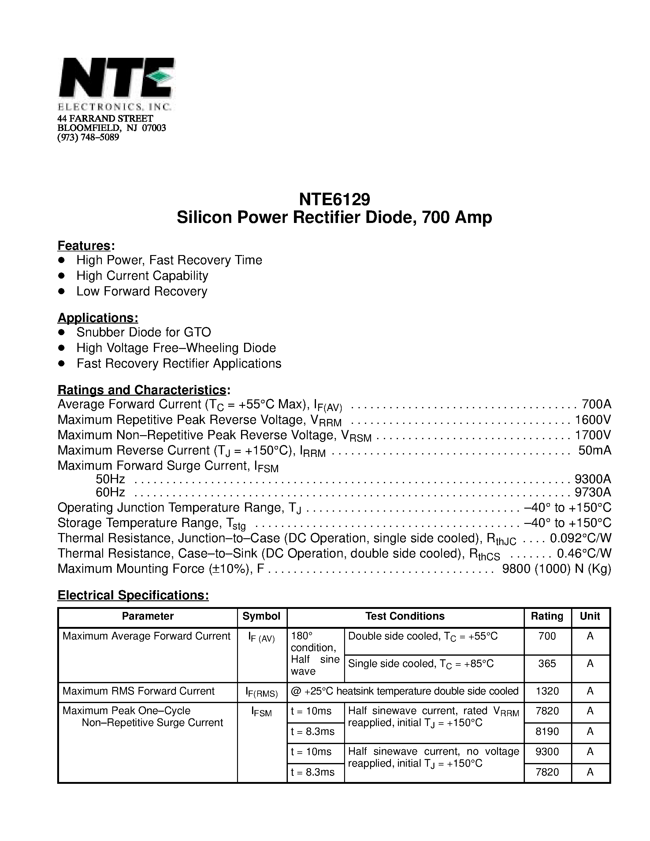 Даташит NTE6129 - Silicon Power Rectifier Diode / 700 Amp страница 1