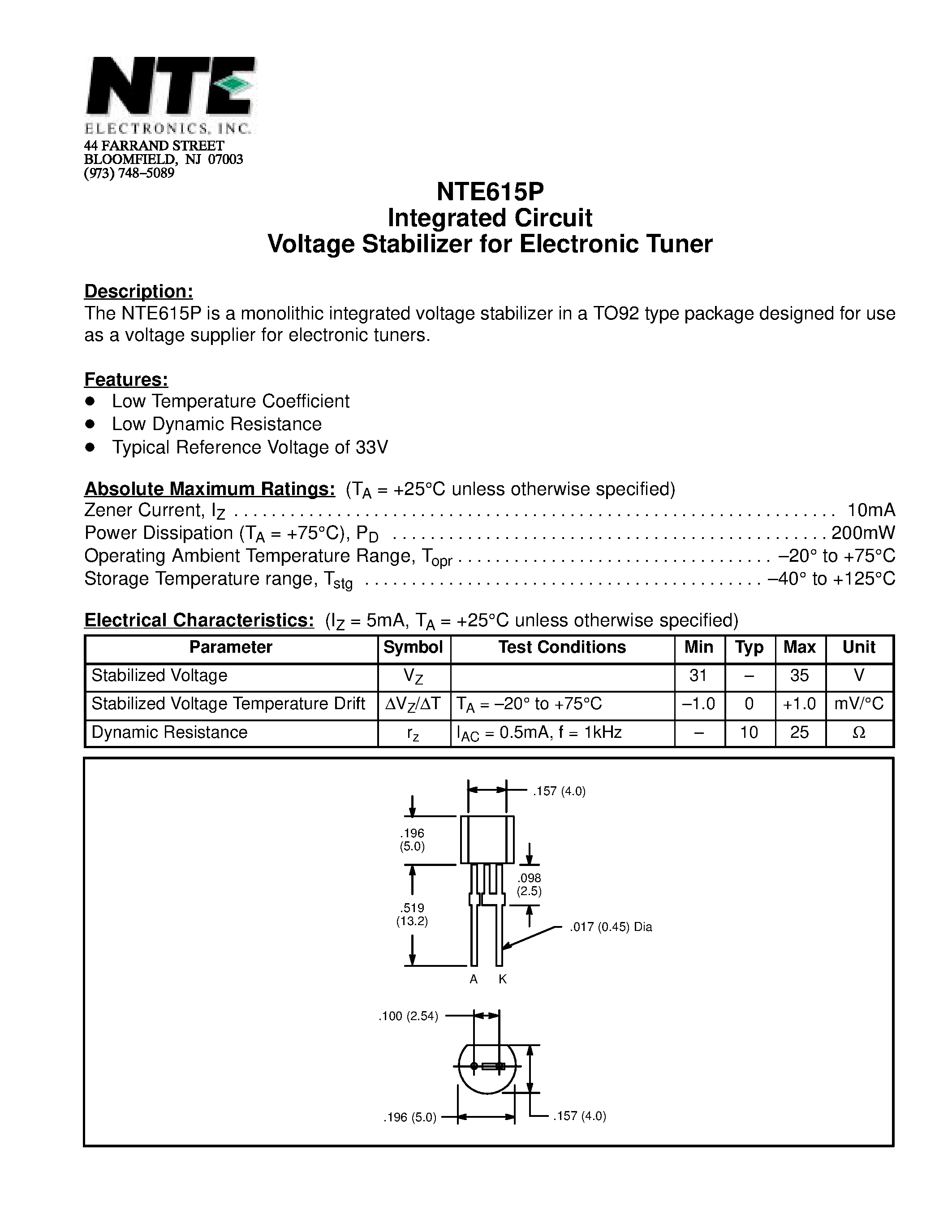 Даташит на микросхему NTE615P страница 1 Даташит NTE615P - Integrated Circuit Voltage Stabilizer for Electronic Tuner страница 1