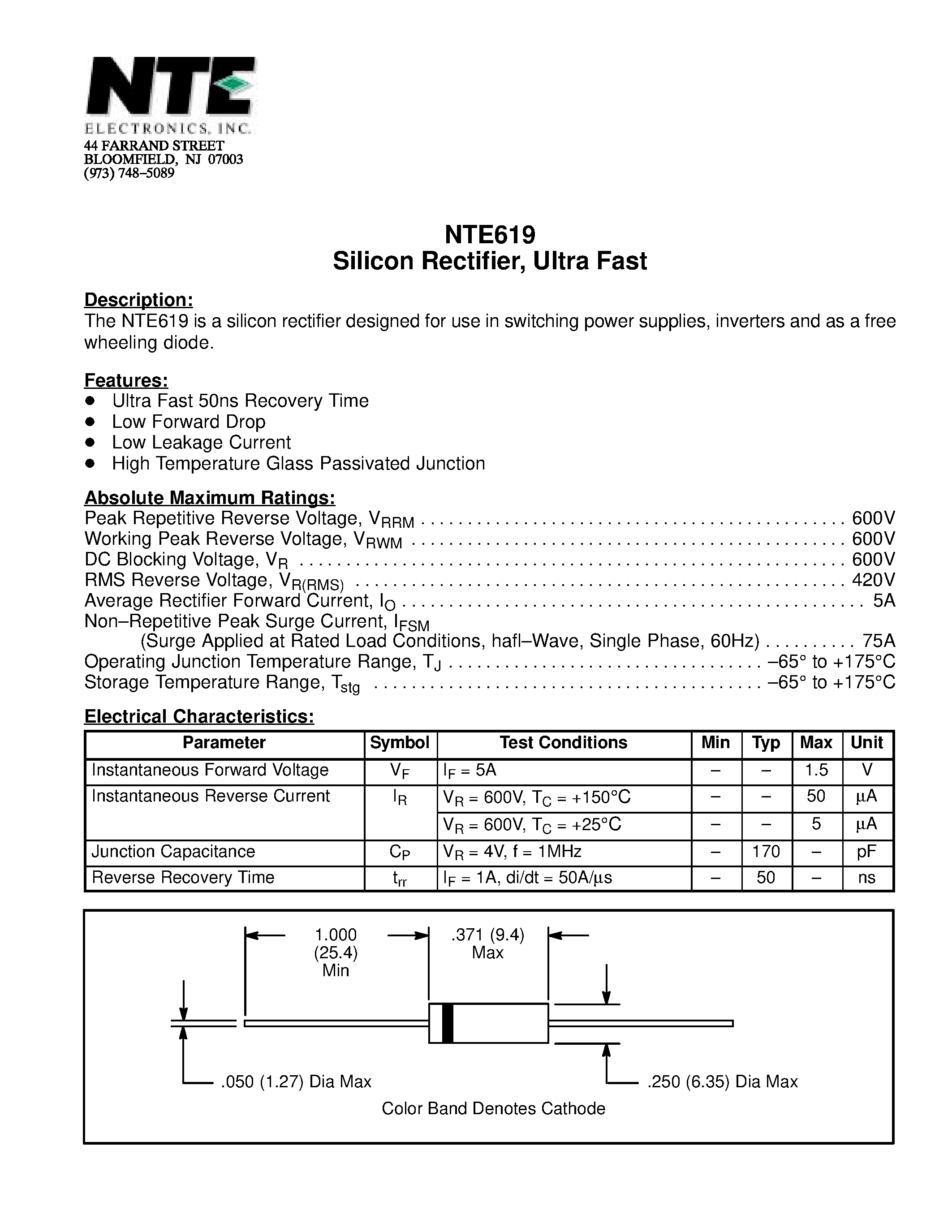 Даташит NTE619 - Silicon Rectifier / Ultra Fast страница 1