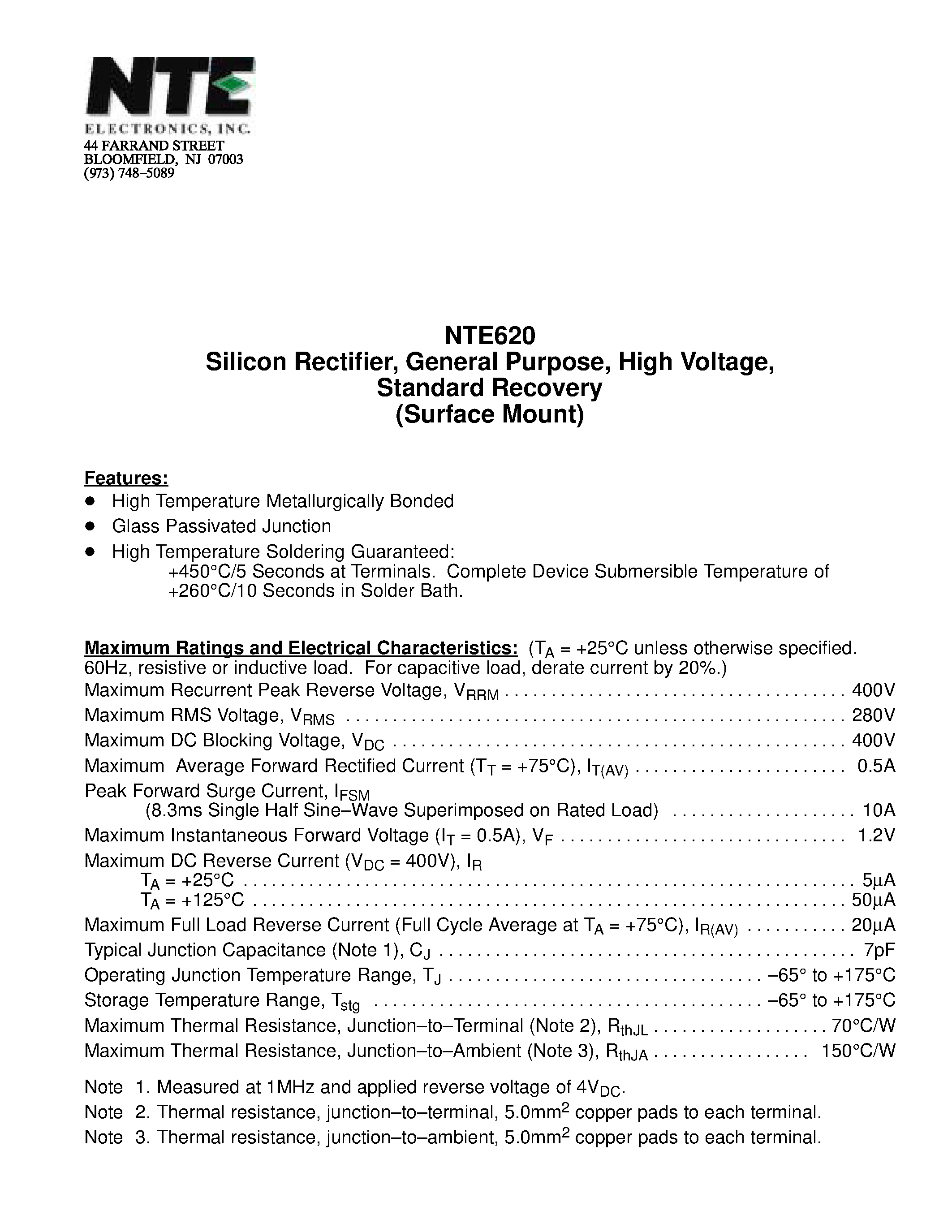 Даташит NTE620 - Silicon Rectifier / General Purpose / High Voltage / Standard Recovery (Surface Mount) страница 1