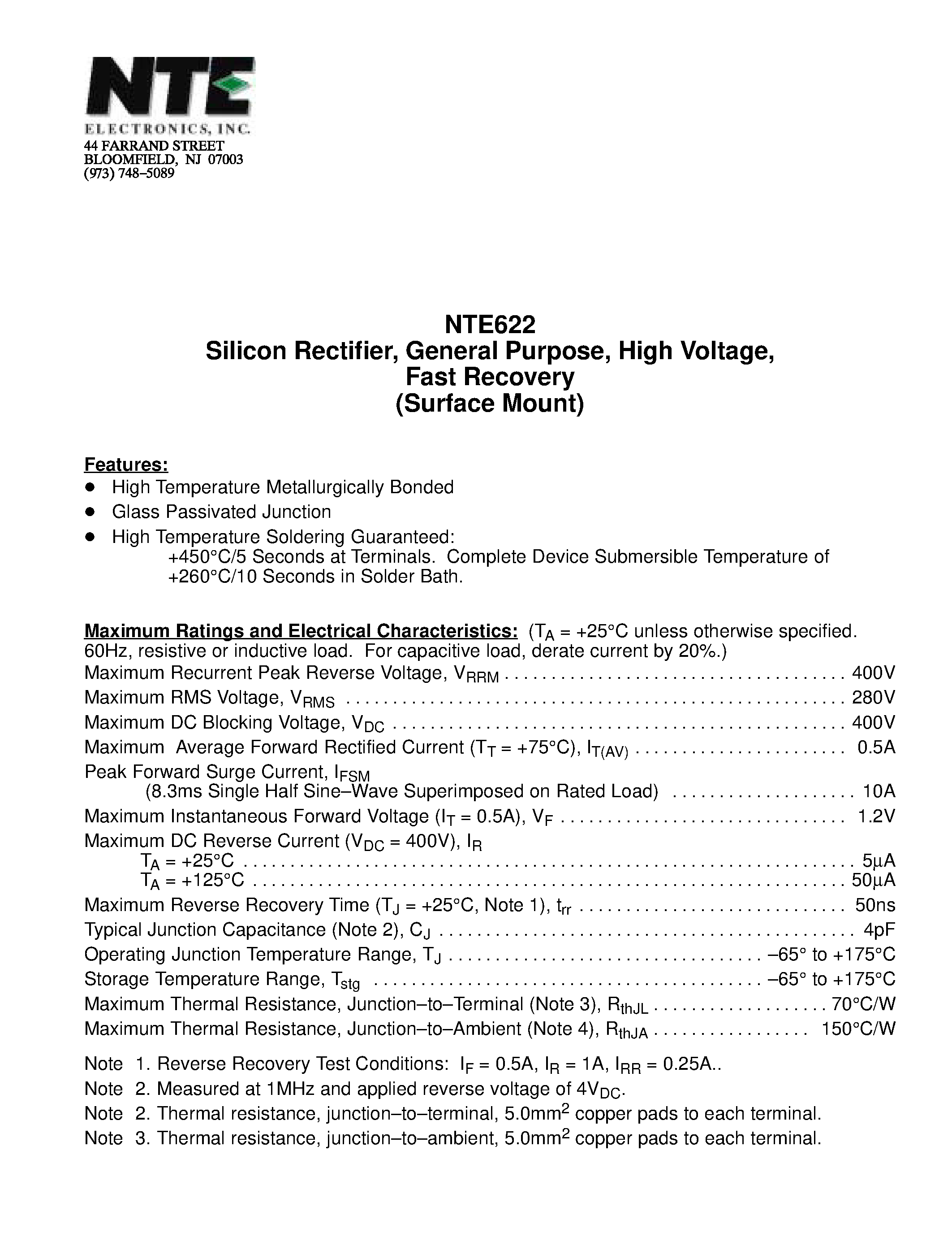 Даташит NTE622 - Silicon Rectifier / General Purpose / High Voltage / Fast Recovery (Surface Mount) страница 1