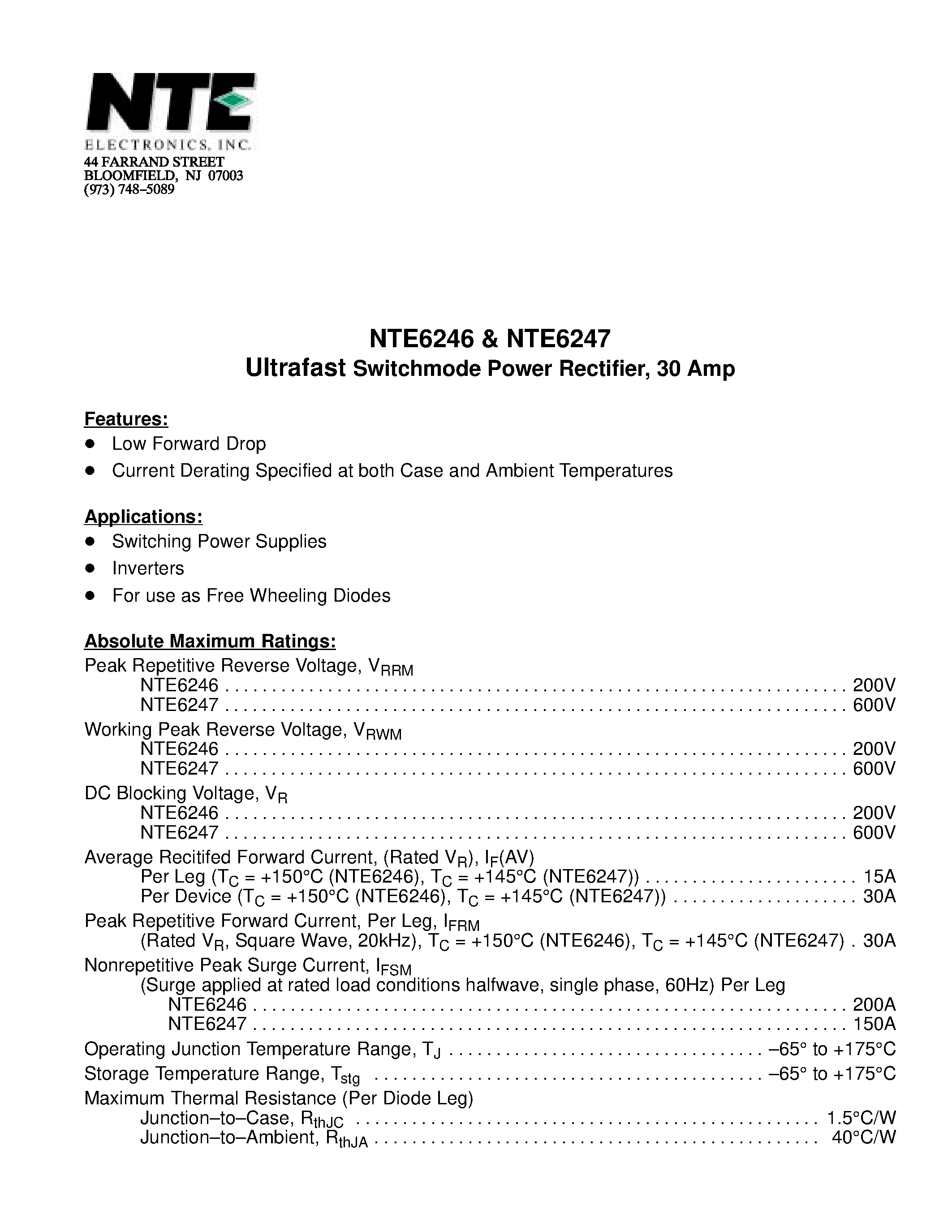 Даташит NTE6247 - Ultrafast Switchmode Power Rectifier / 30 Amp страница 1