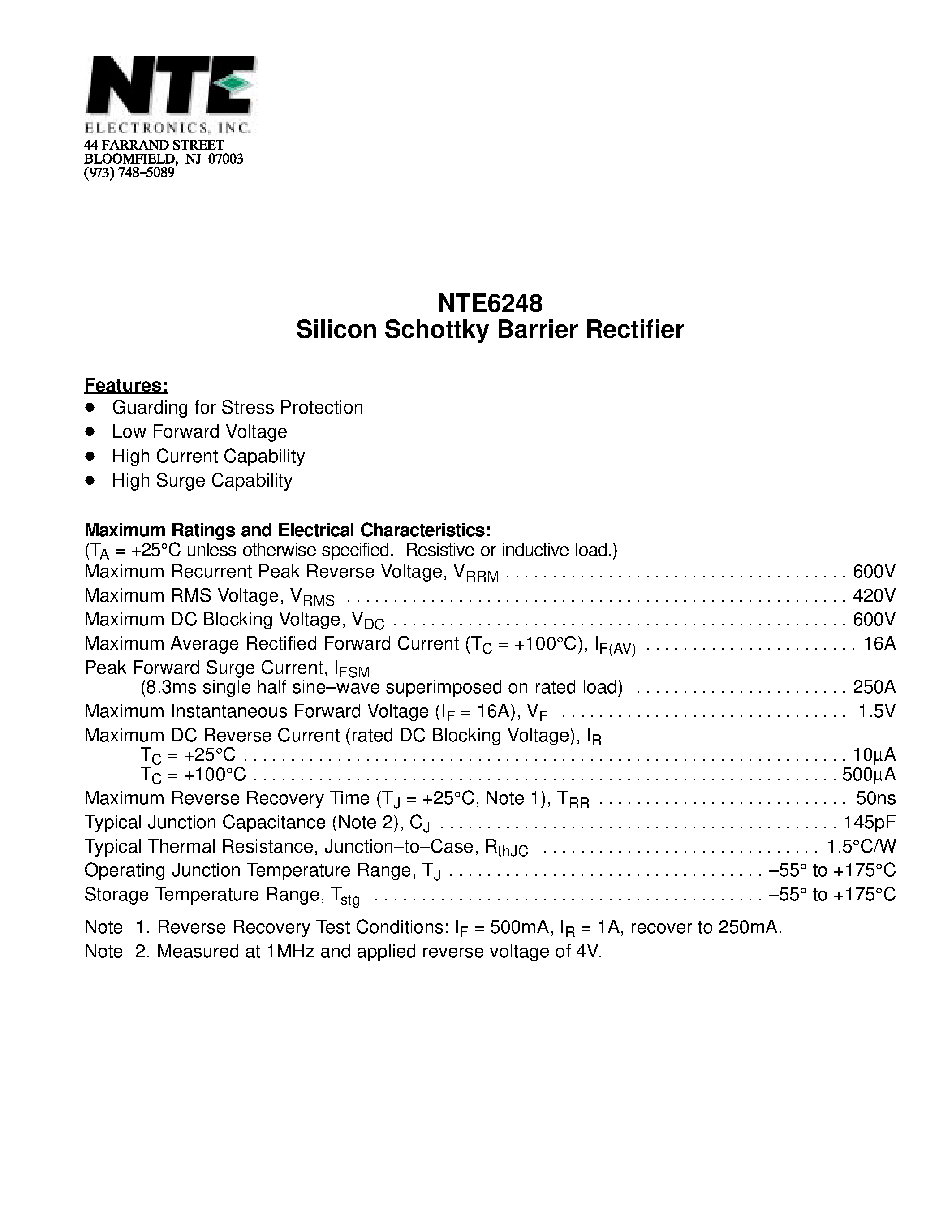 Даташит NTE6248 - Silicon Schottky Barrier Rectifier страница 1