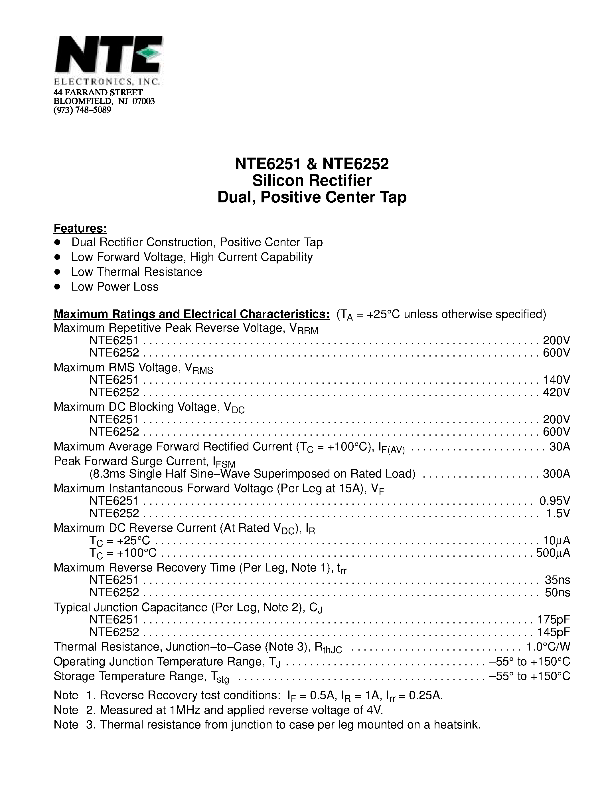 Даташит NTE6251 - Silicon Rectifier Dual / Positive Center Tap страница 1