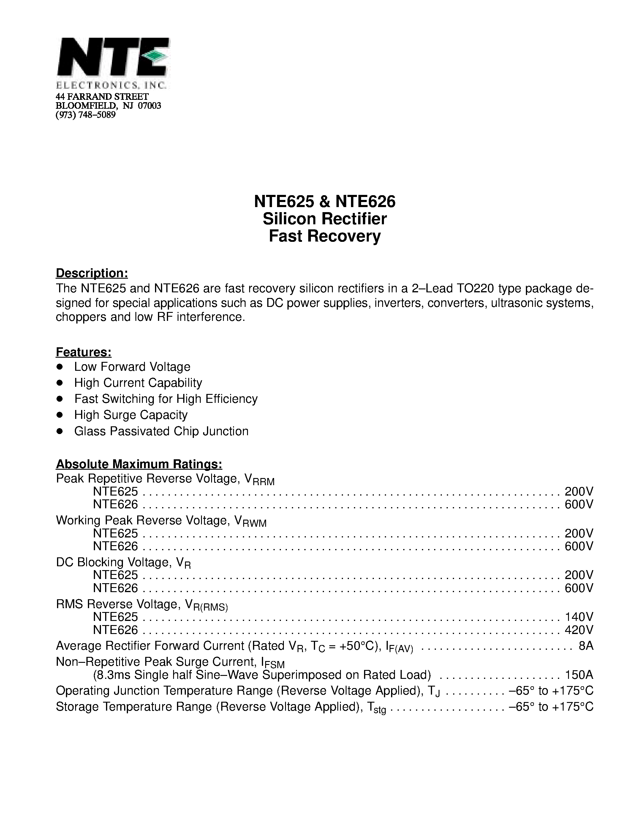 Даташит NTE626 - Silicon Rectifier Fast Recovery страница 1