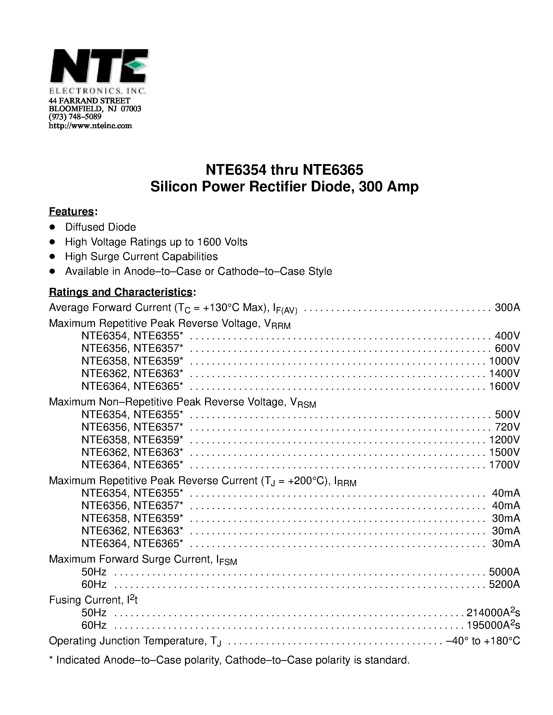 Даташит NTE6365 - Silicon Power Rectifier Diode / 300 Amp страница 1