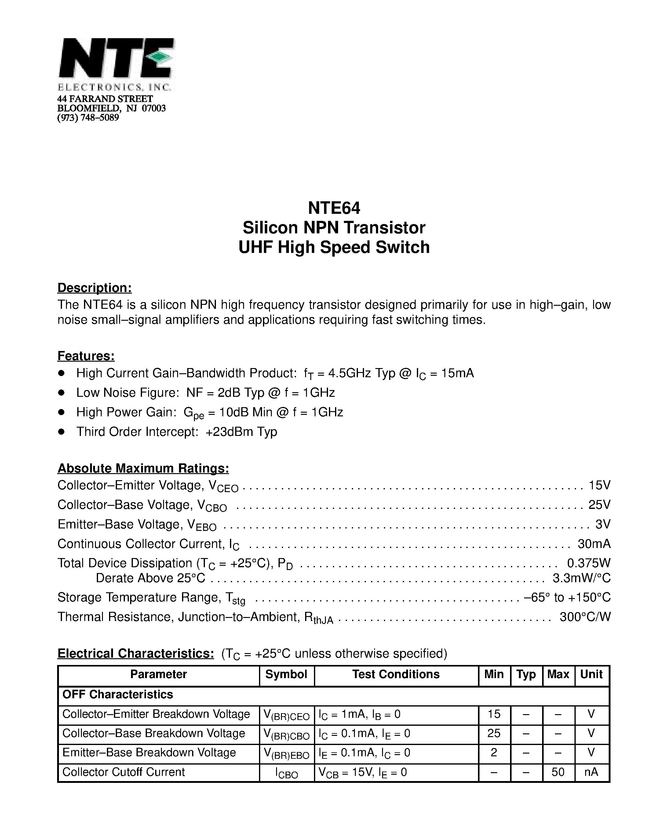 Datasheet NTE64 - Silicon NPN Transistor UHF High Speed Switch page 1