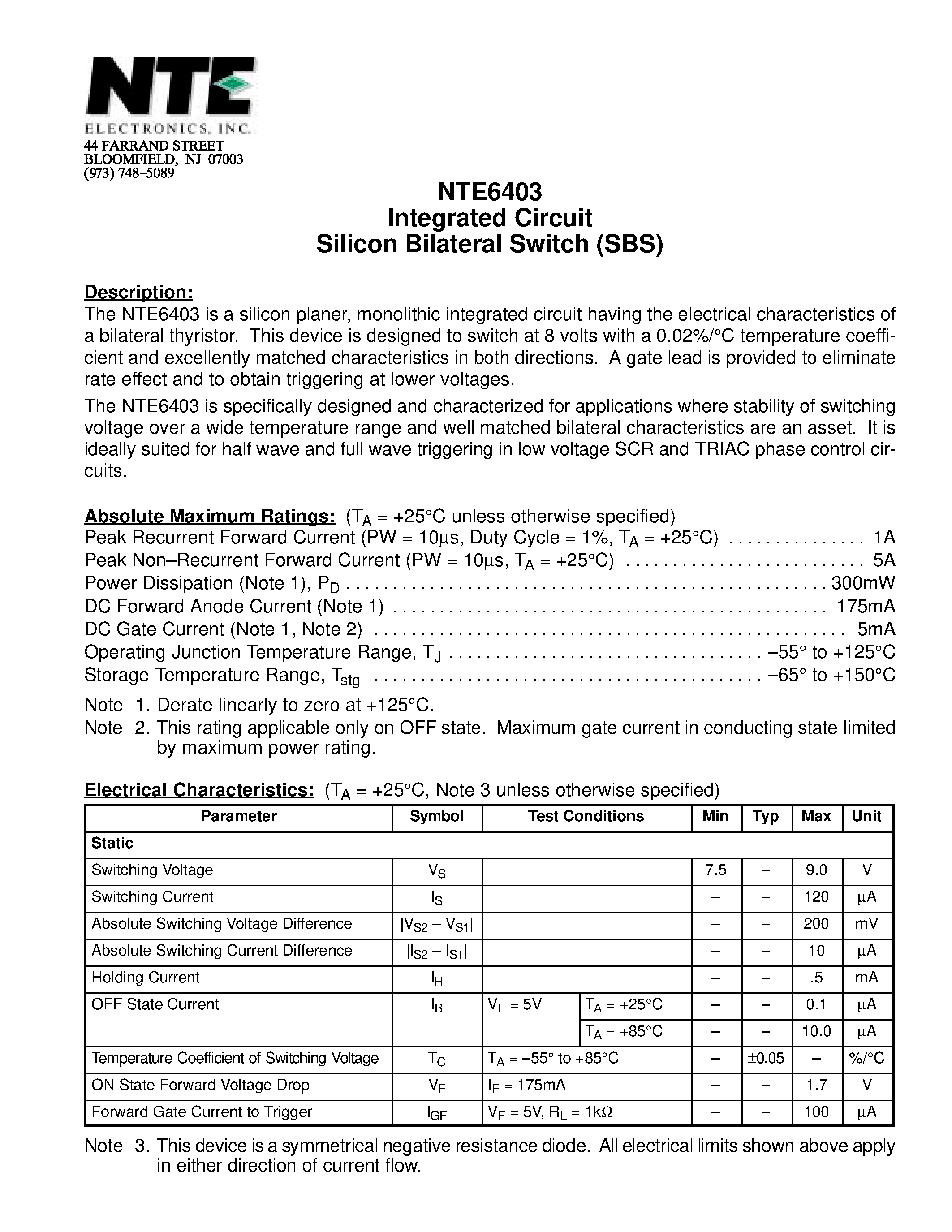 Datasheet NTE6403 page 1 Datasheet NTE6403 - Integrated Circuit Silicon Bilateral Switch (SBS) page 1