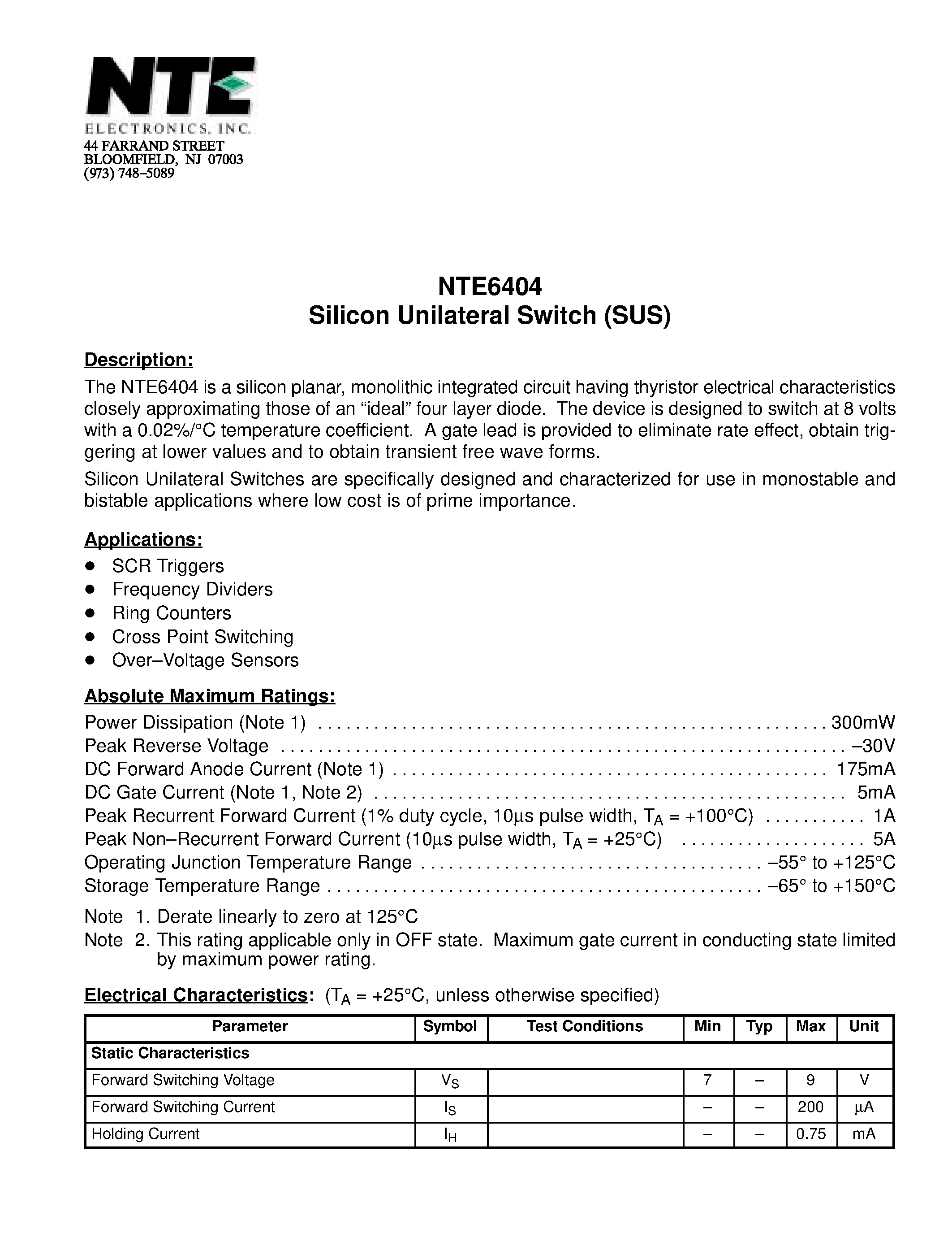 Datasheet NTE6404 page 1 Datasheet NTE6404 - Silicon Unilateral Switch (SUS) page 1