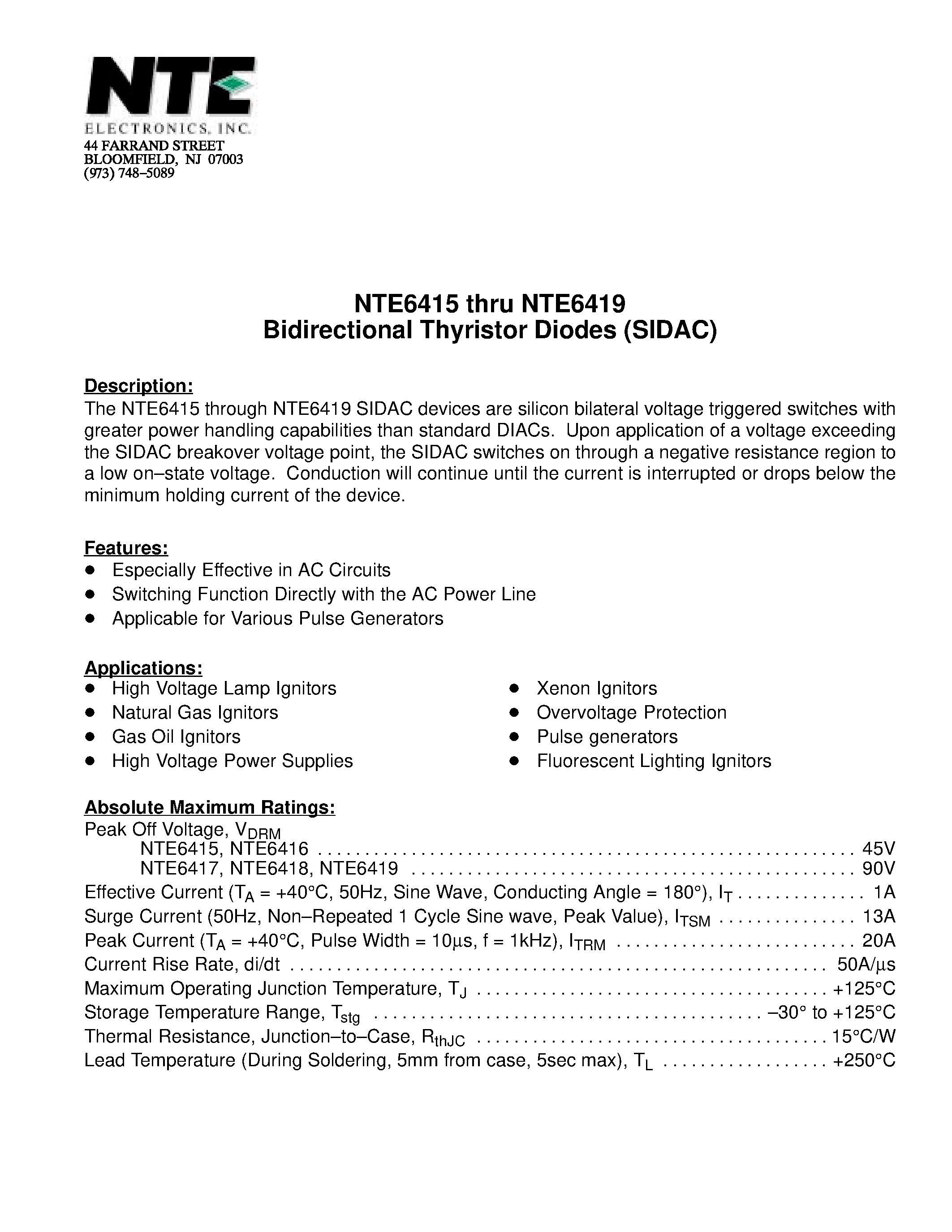 Даташит NTE6419 - Bidirectional Thyristor Diodes (SIDAC) страница 1