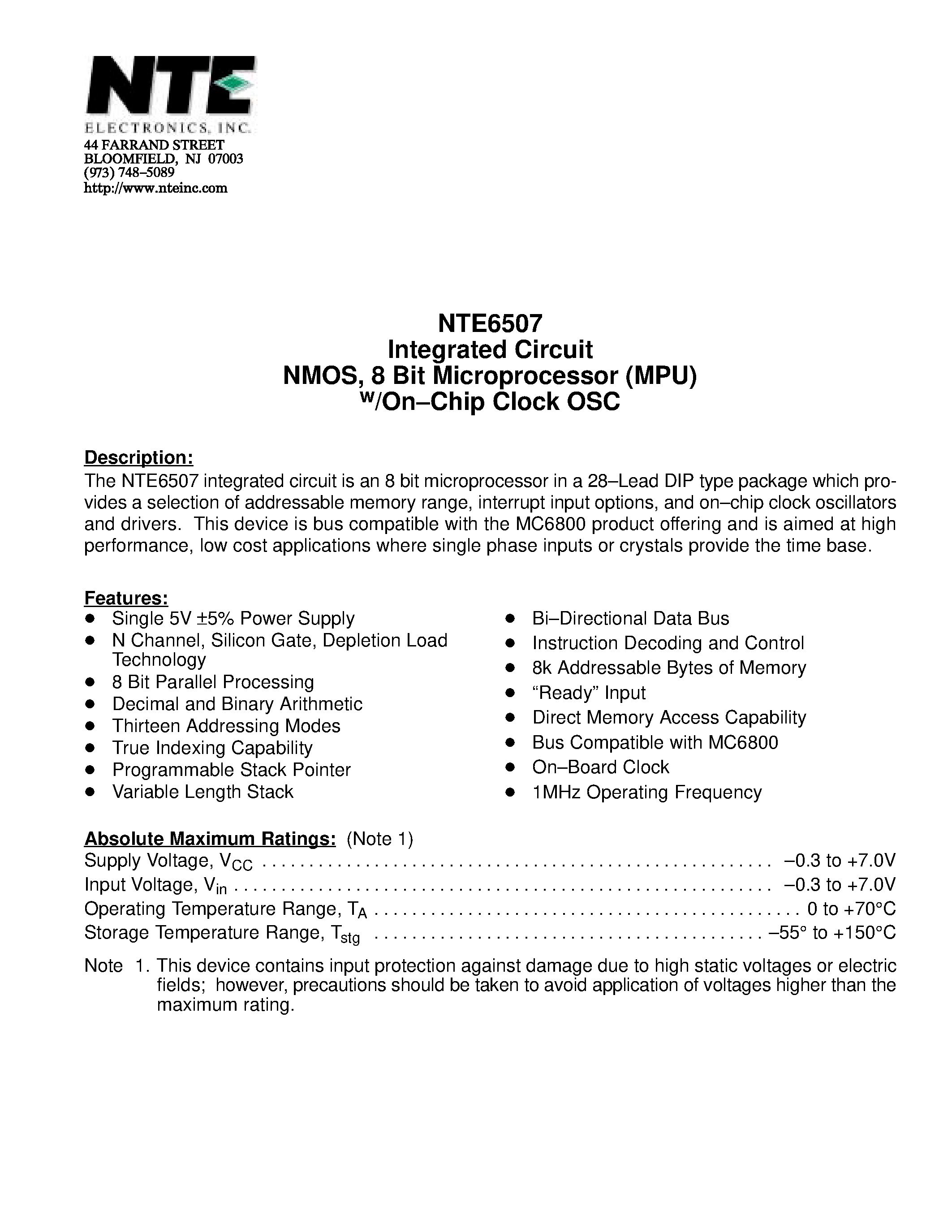 Даташит NTE6507 - Integrated Circuit NMOS / 8 Bit Microprocessor (MPU) w/On-Chip Clock OSC страница 1