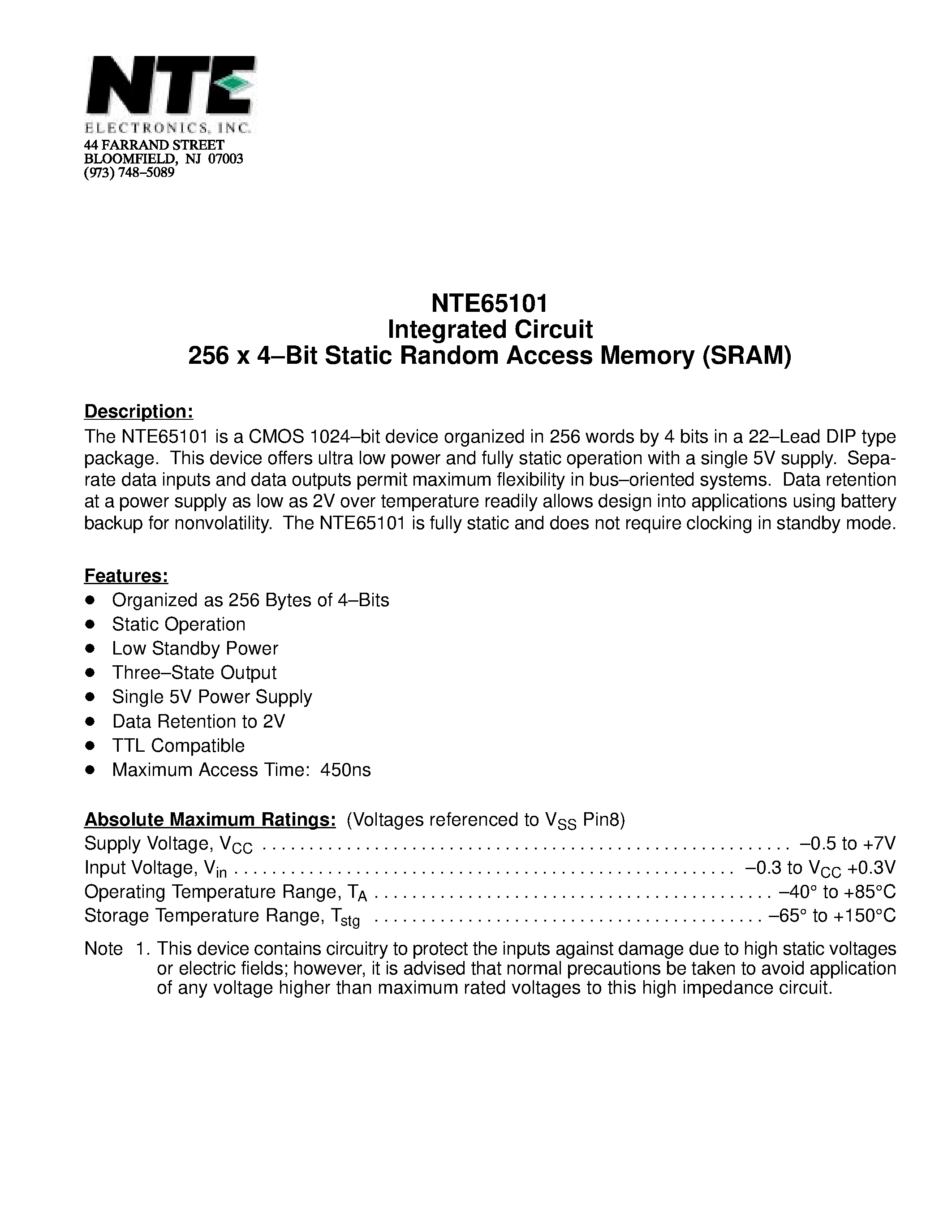 Datasheet NTE65101 - Integrated Circuit 256 x 4-Bit Static Random Access Memory (SRAM) page 1
