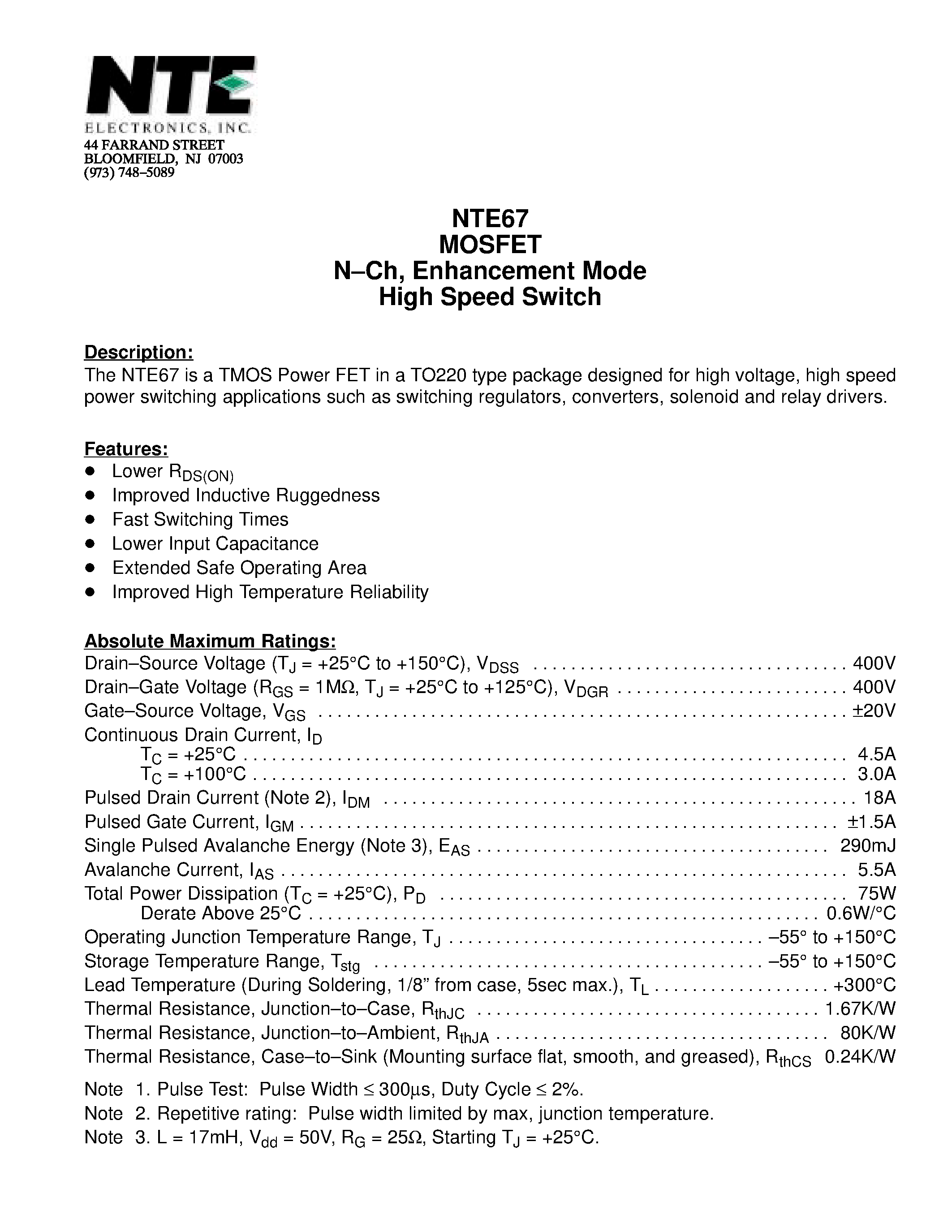 Datasheet NTE67 - MOSFET N-Ch / Enhancement Mode High Speed Switch page 1