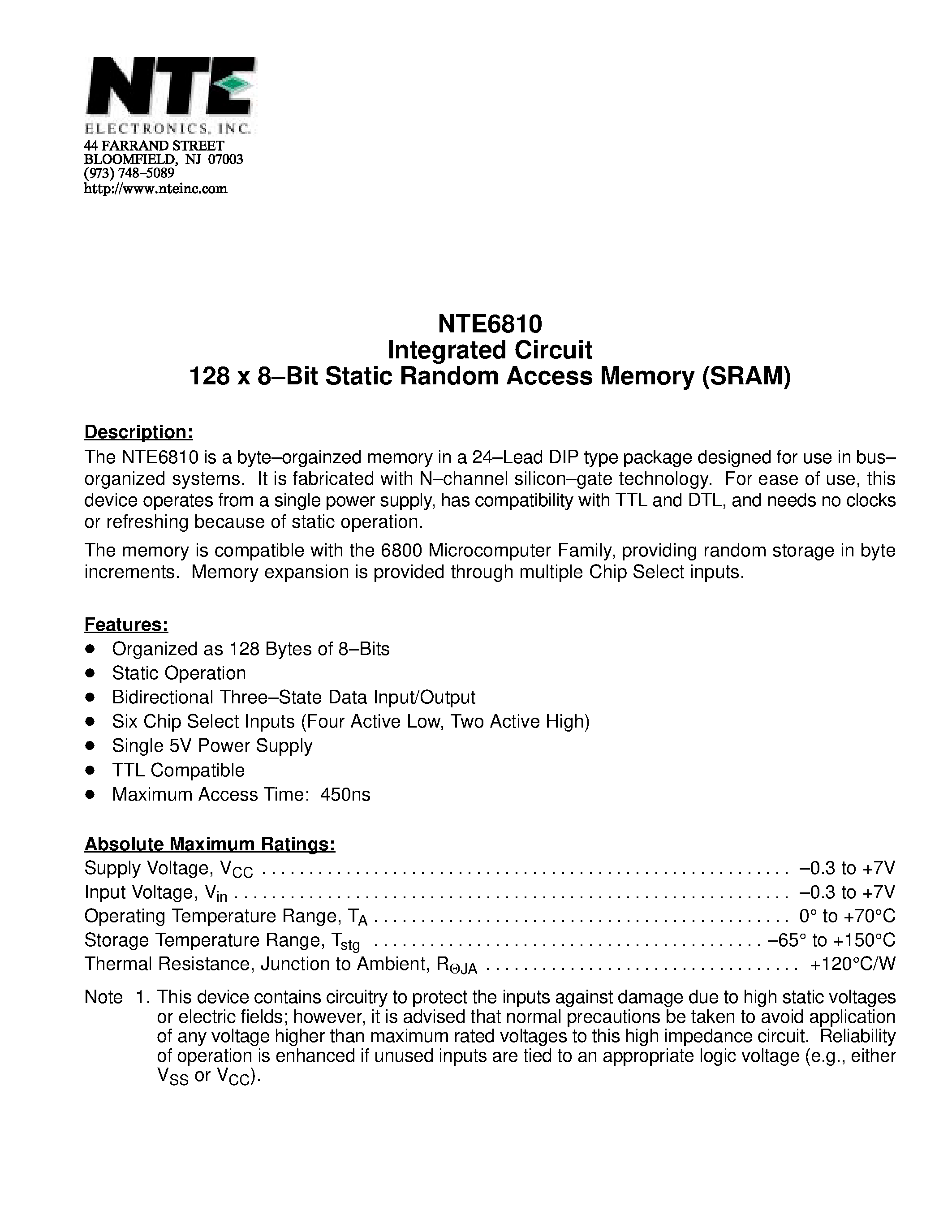 Datasheet NTE6810 - Integrated Circuit 128 x 8-Bit Static Random Access Memory (SRAM) page 1