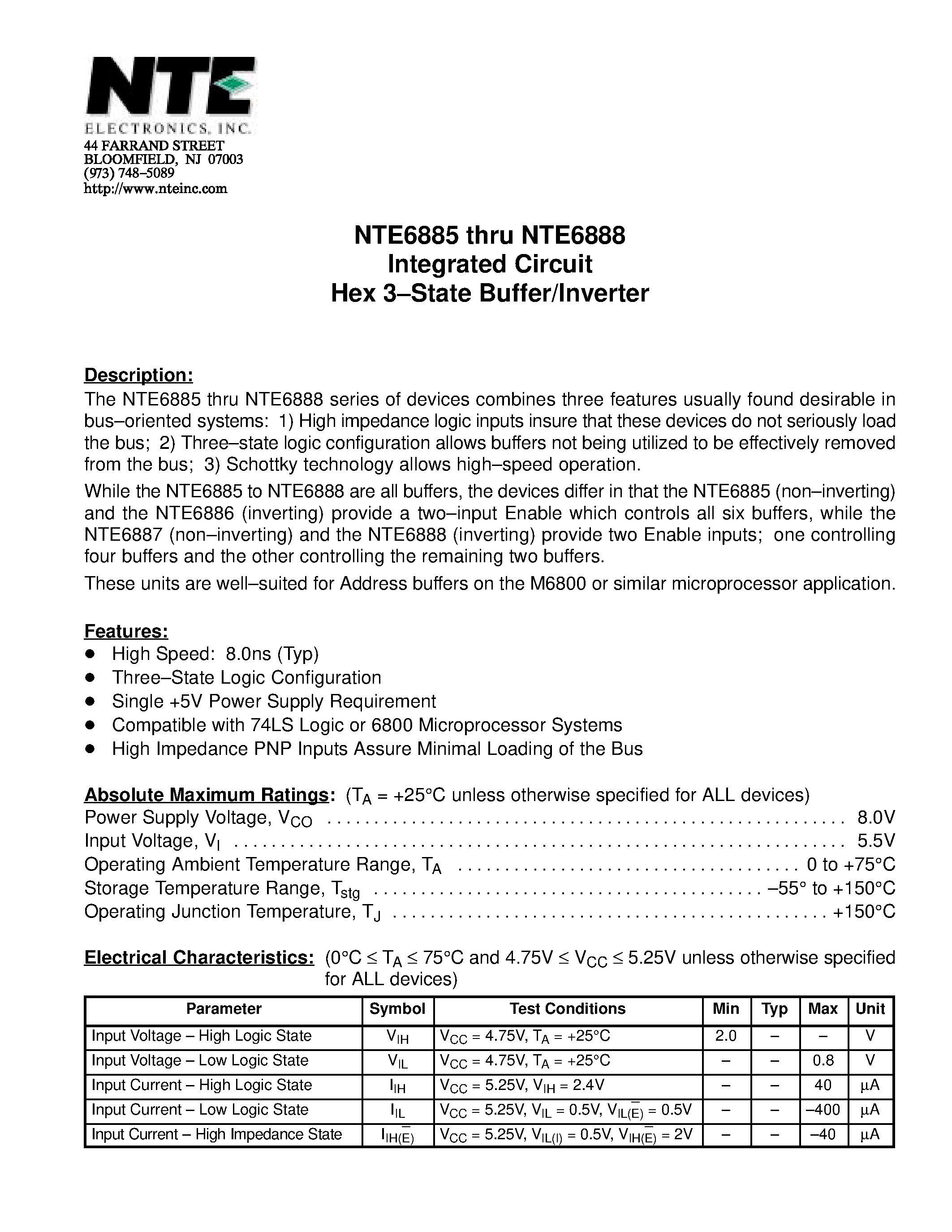 Datasheet NTE6888 - Integrated Circuit Hex 3-State Buffer/Inverter page 1