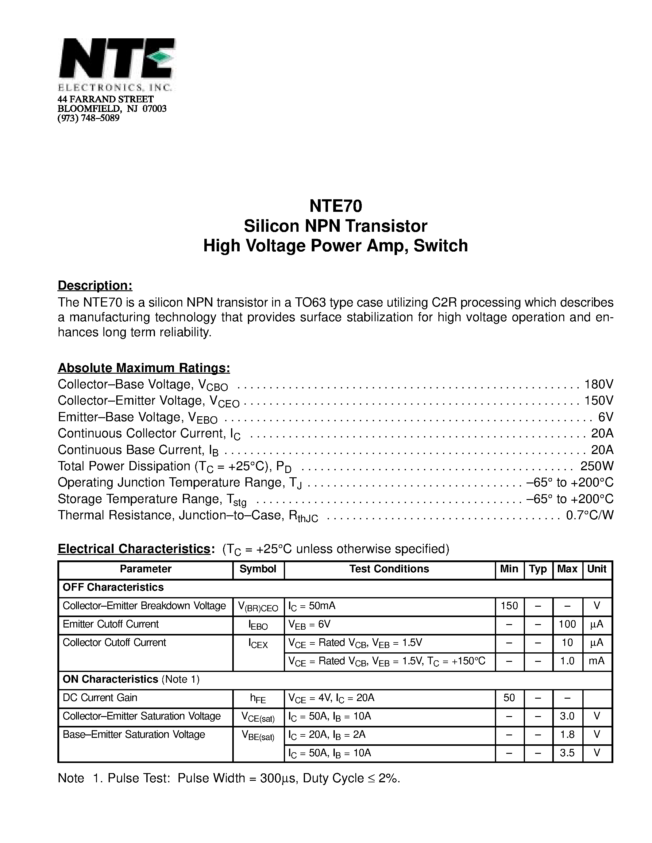 Datasheet NTE70 page 1 Datasheet NTE70 - Silicon NPN Transistor High Voltage Power Amp / Switch page 1