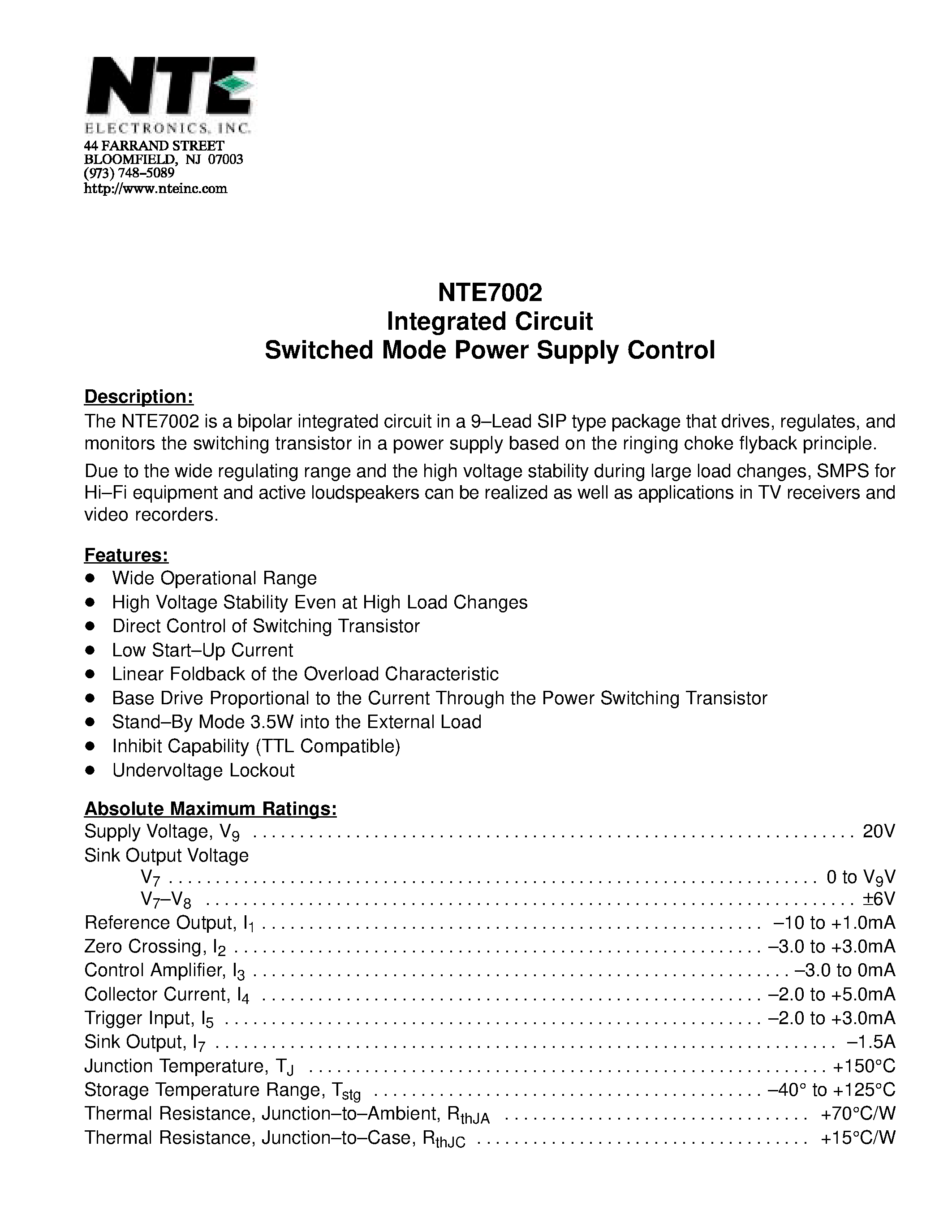 Datasheet NTE7002 page 1 Datasheet NTE7002 - Integrated Circuit Switched Mode Power Supply Control page 1