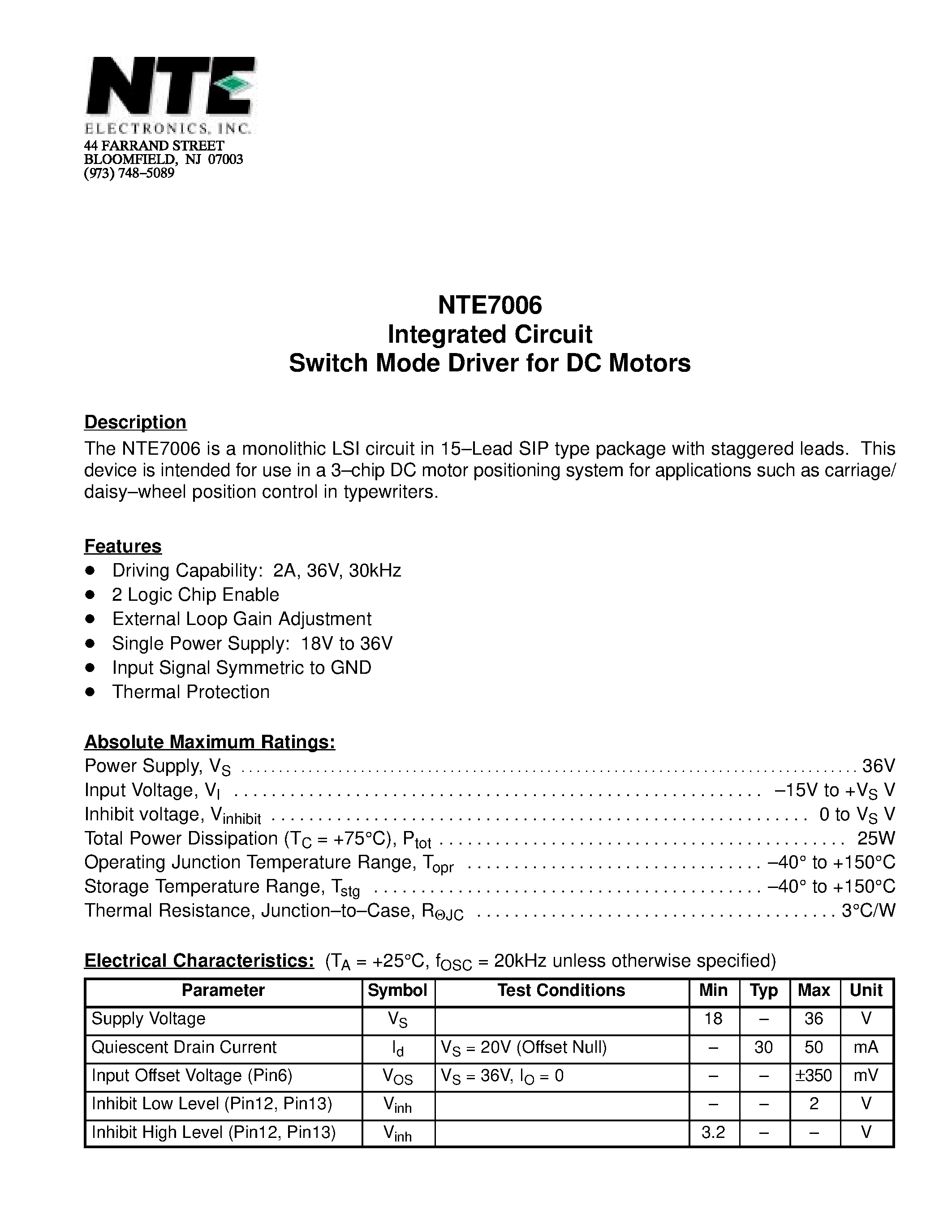 Datasheet NTE7006 page 1 Datasheet NTE7006 - Integrated Circuit Switch Mode Driver for DC Motors page 1
