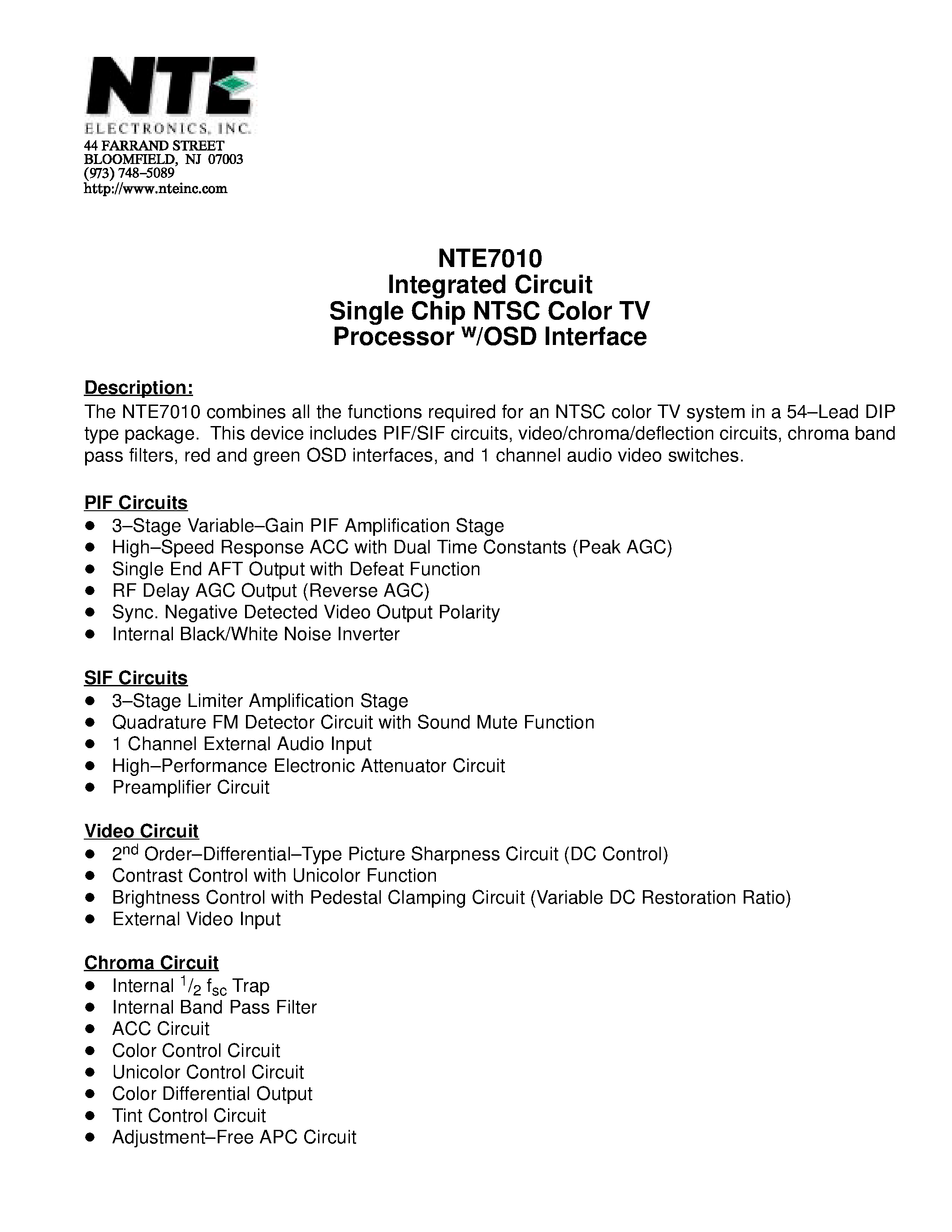Даташит NTE7010 - Integrated Circuit Single Chip NTSC Color TV Processor w/OSD Interface страница 1