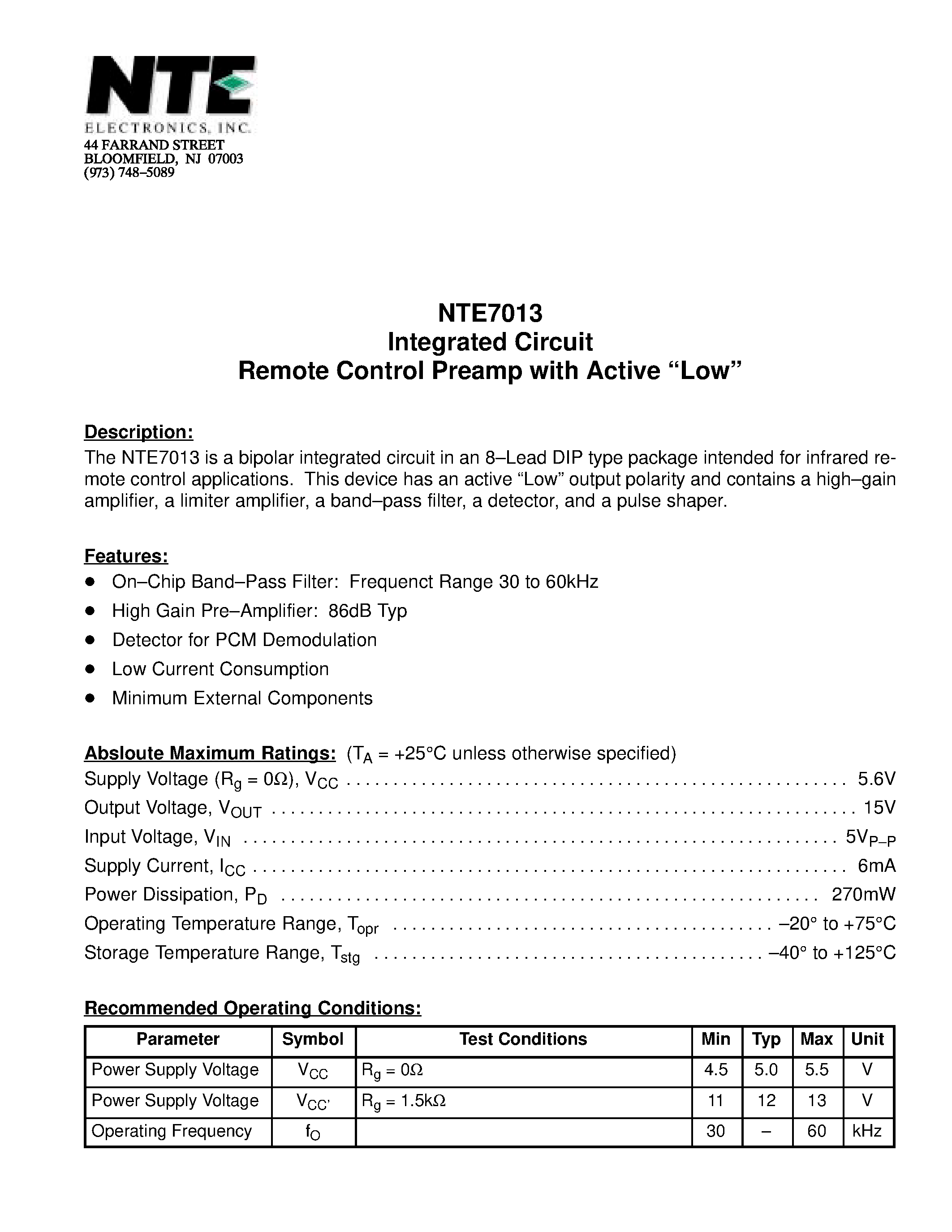Даташит NTE7013 - Integrated Circuit Remote Control Preamp with Active Low страница 1