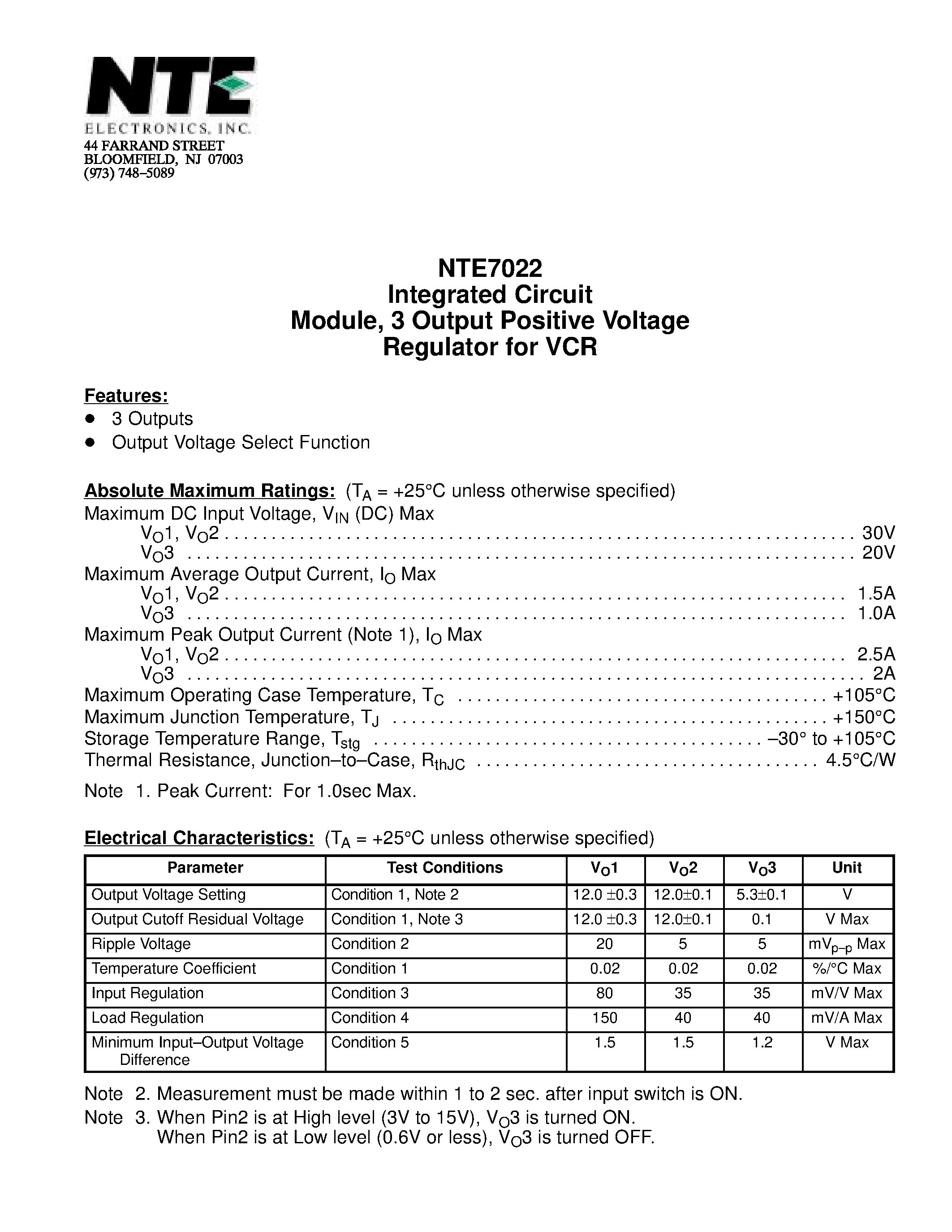 Datasheet NTE7022 page 1 Datasheet NTE7022 - Integrated Circuit Module / 3 Output Positive Voltage Regulator for VCR page 1