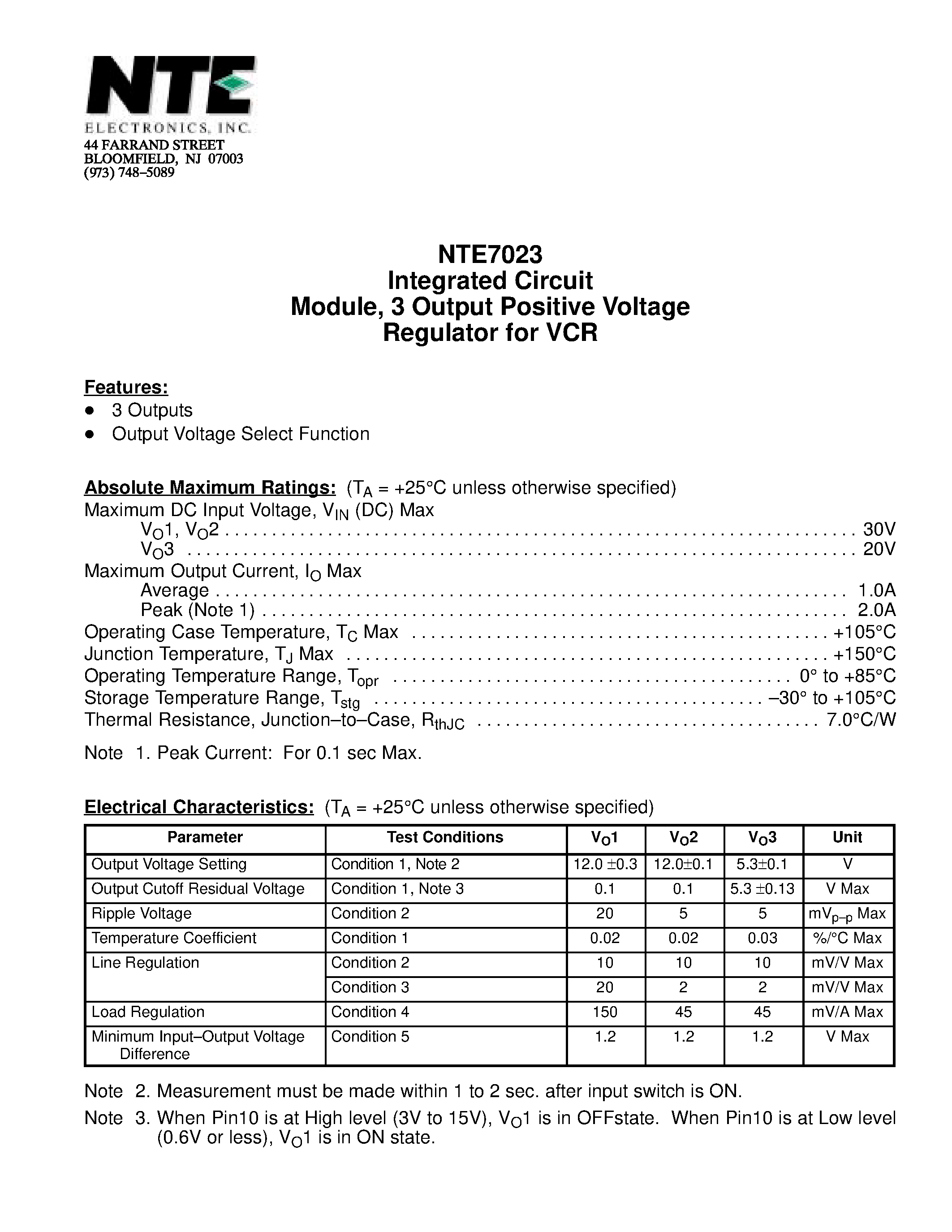 Datasheet NTE7023 page 1 Datasheet NTE7023 - Integrated Circuit Module / 3 Output Positive Voltage Regulator for VCR page 1