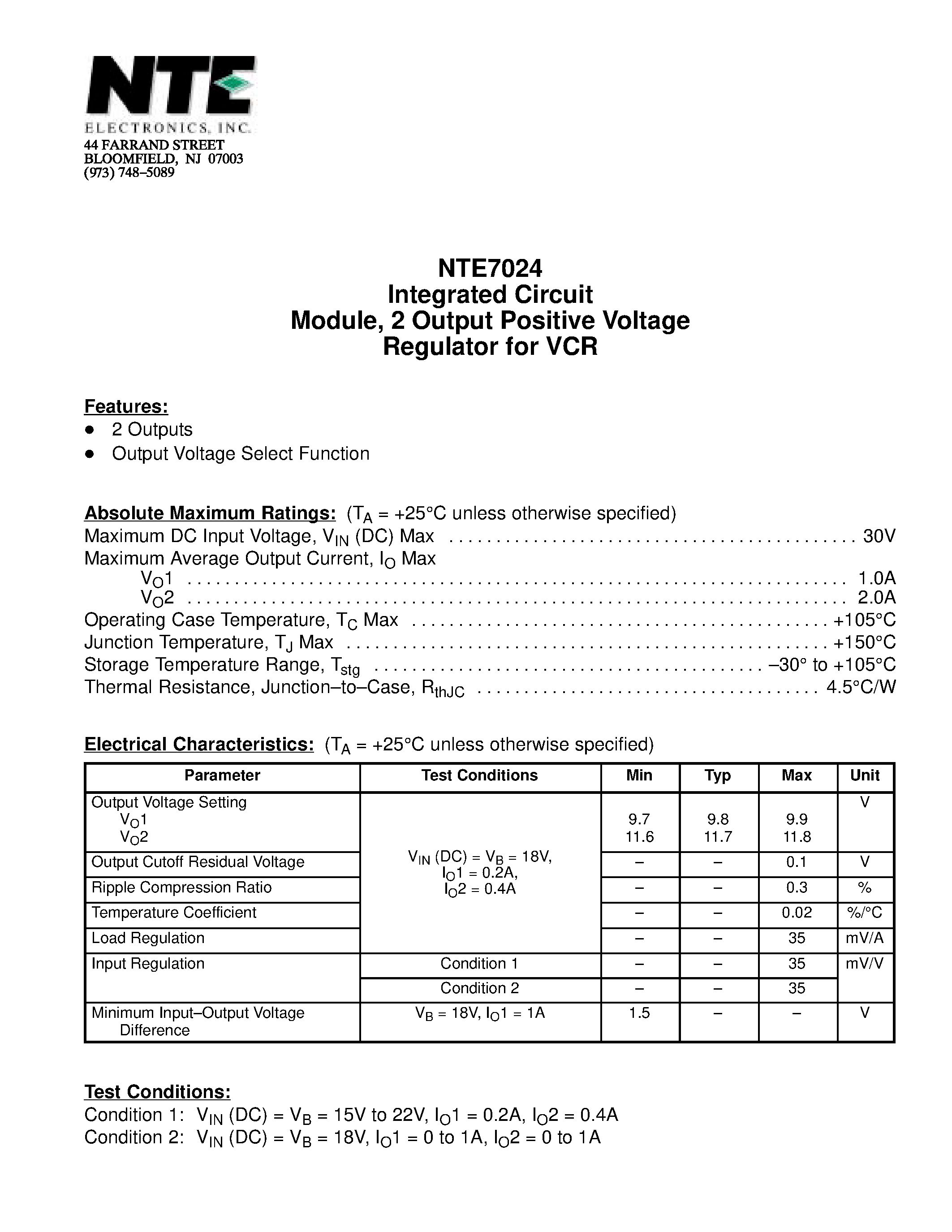 Datasheet NTE7024 - Integrated Circuit Module / 2 Output Positive Voltage Regulator for VCR page 1
