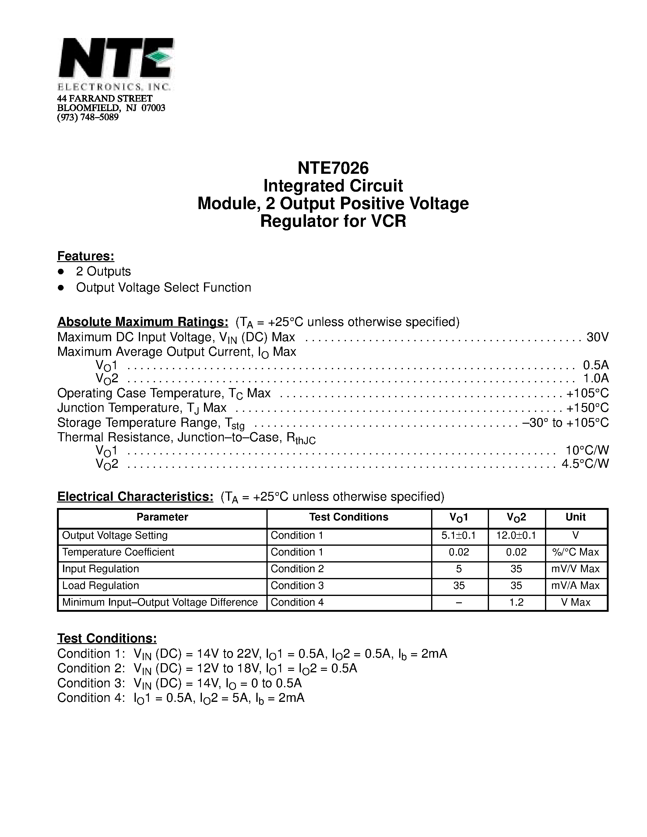 Datasheet NTE7026 - Integrated Circuit Module / 2 Output Positive Voltage Regulator for VCR page 1