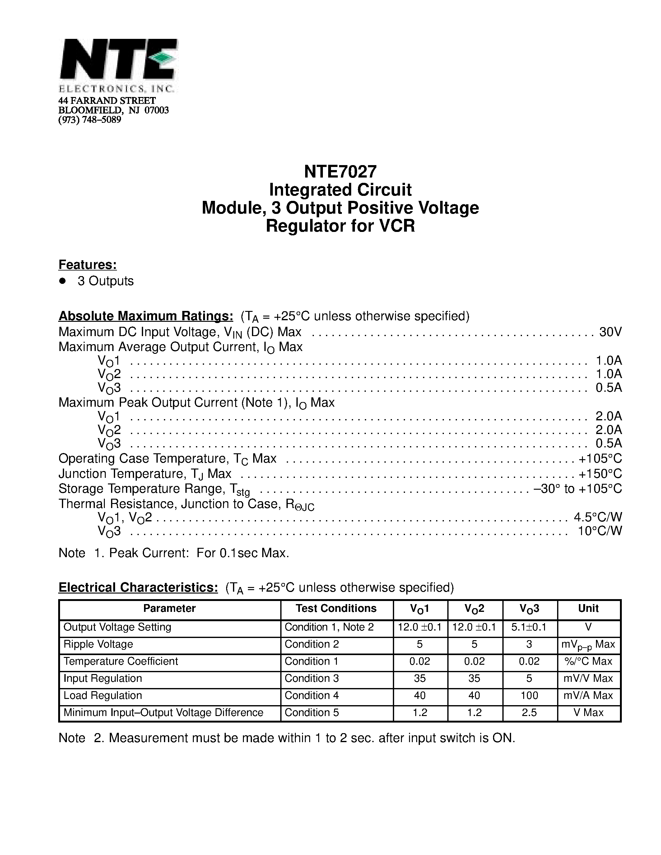 Datasheet NTE7027 page 1 Datasheet NTE7027 - Integrated Circuit Module / 3 Output Positive Voltage Regulator for VCR page 1