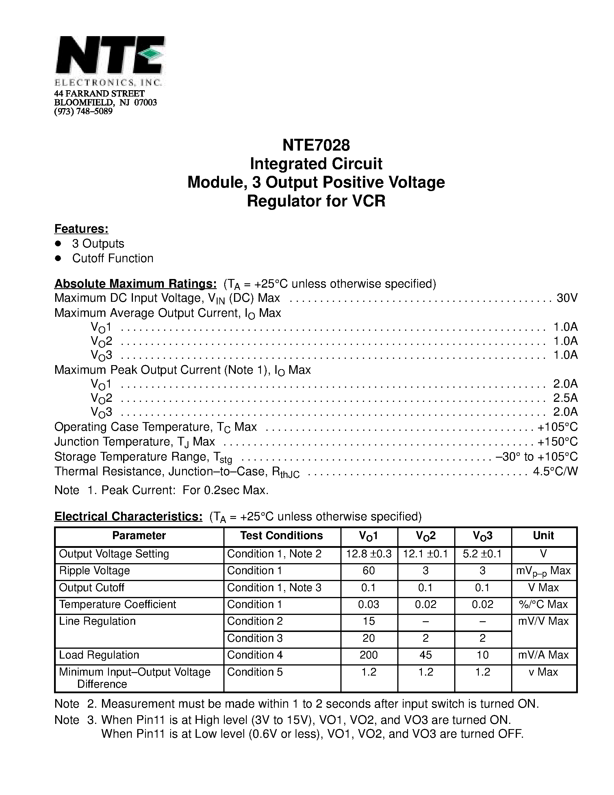 Datasheet NTE7028 page 1 Datasheet NTE7028 - Integrated Circuit Module / 3 Output Positive Voltage Regulator for VCR page 1