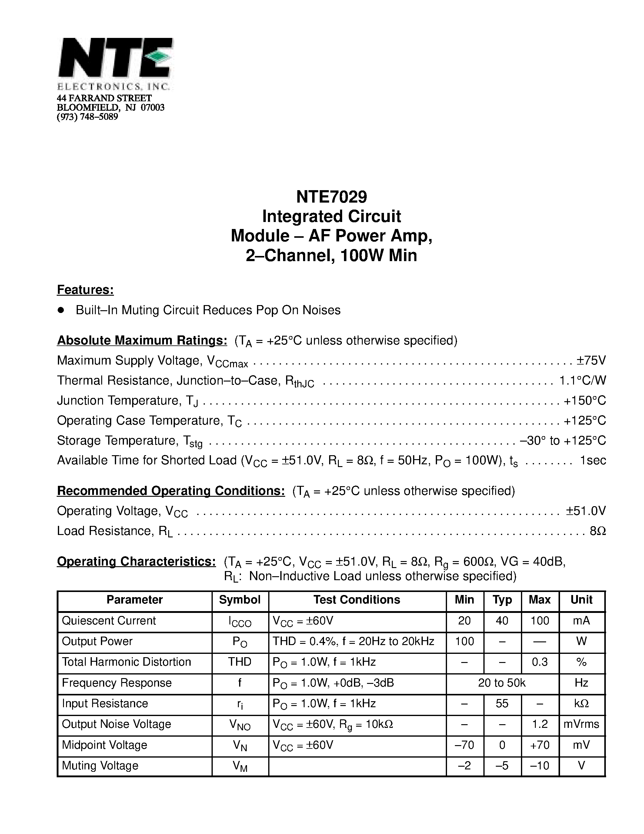 Datasheet NTE7029 - Integrated Circuit Module - AF Power Amp / 2-Channel / 100W Min page 1