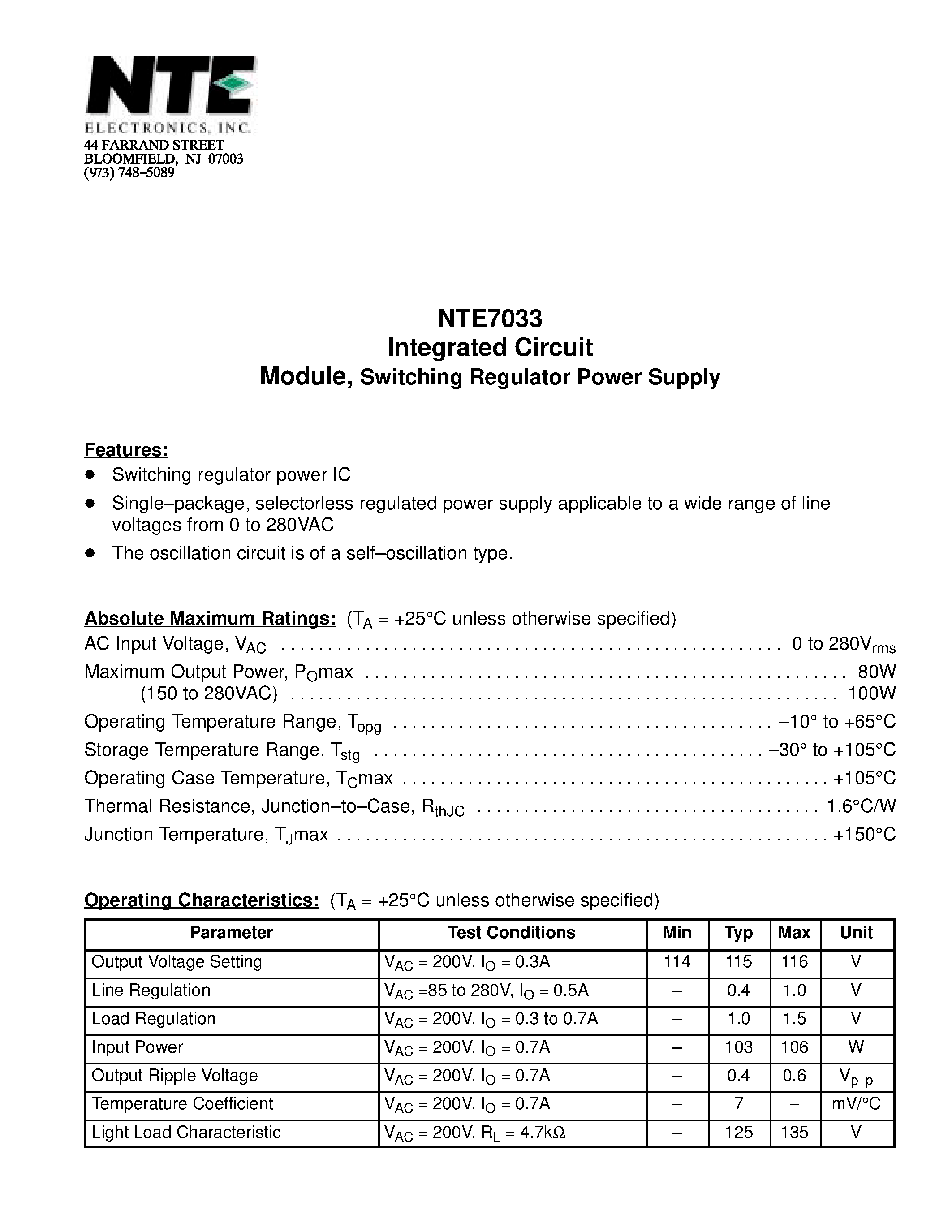 Datasheet NTE7033 page 1 Datasheet NTE7033 - Integrated Circuit Module / Switching Regulator Power Supply page 1
