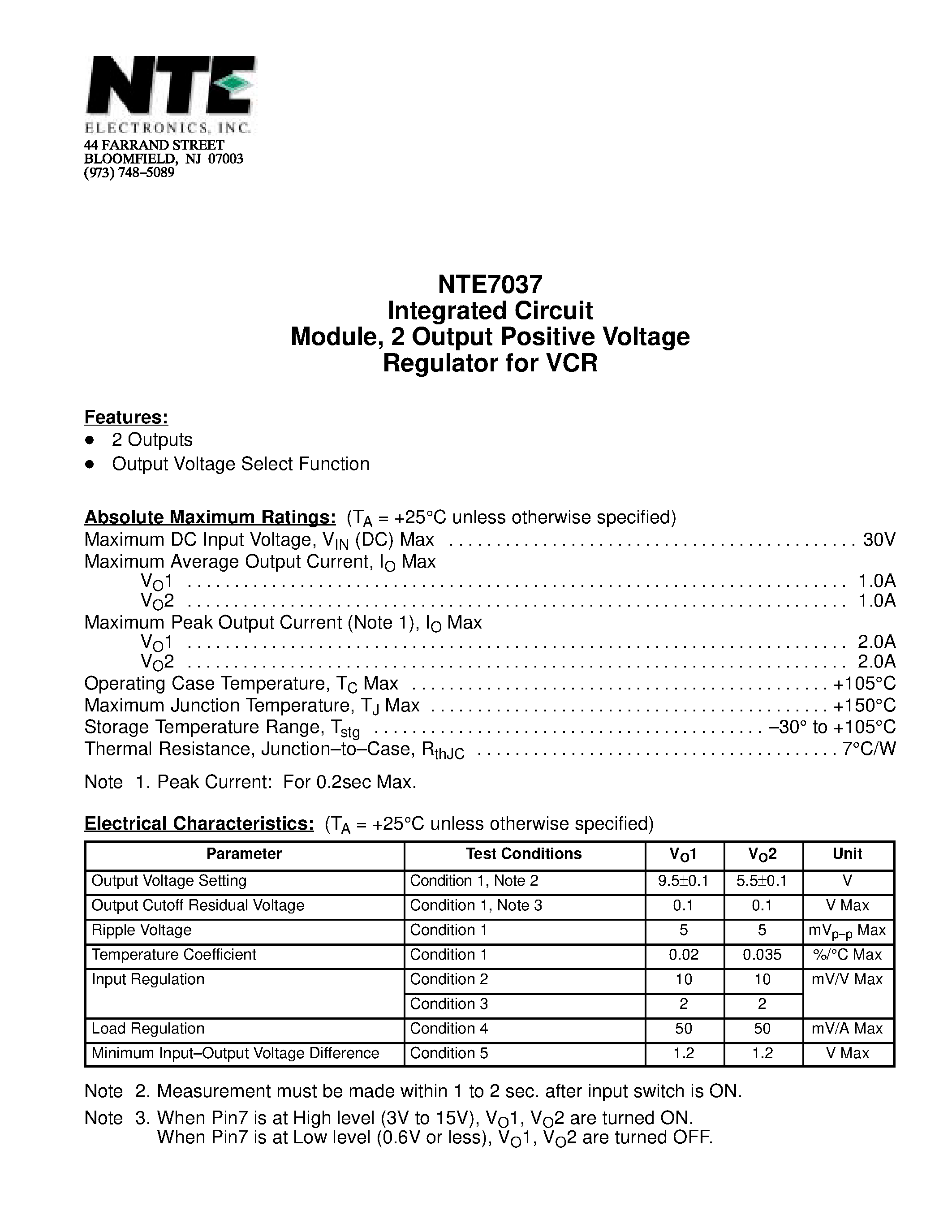 Datasheet NTE7037 - Integrated Circuit Module / 2 Output Positive Voltage Regulator for VCR page 1