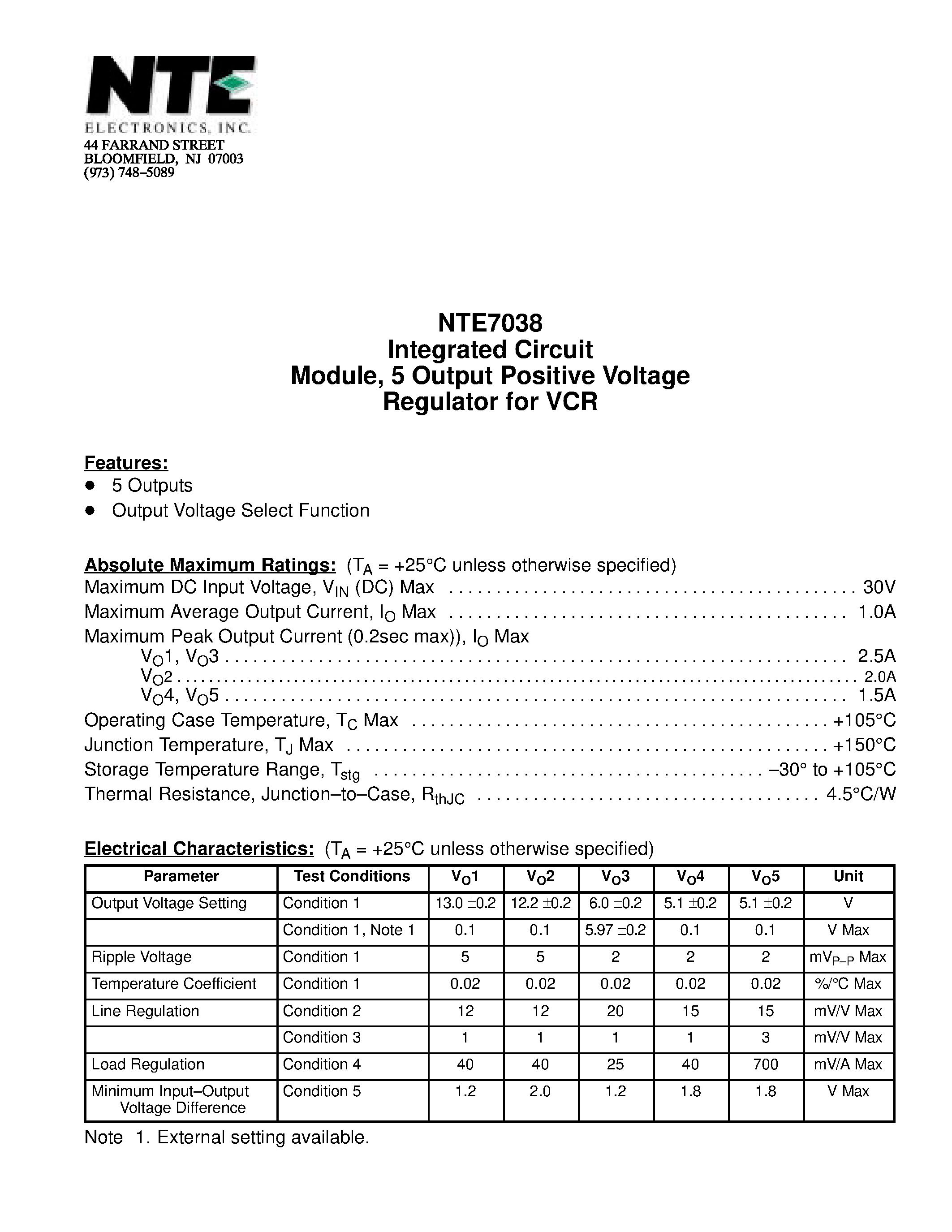 Datasheet NTE7038 - Integrated Circuit Module / 5 Output Positive Voltage Regulator for VCR page 1