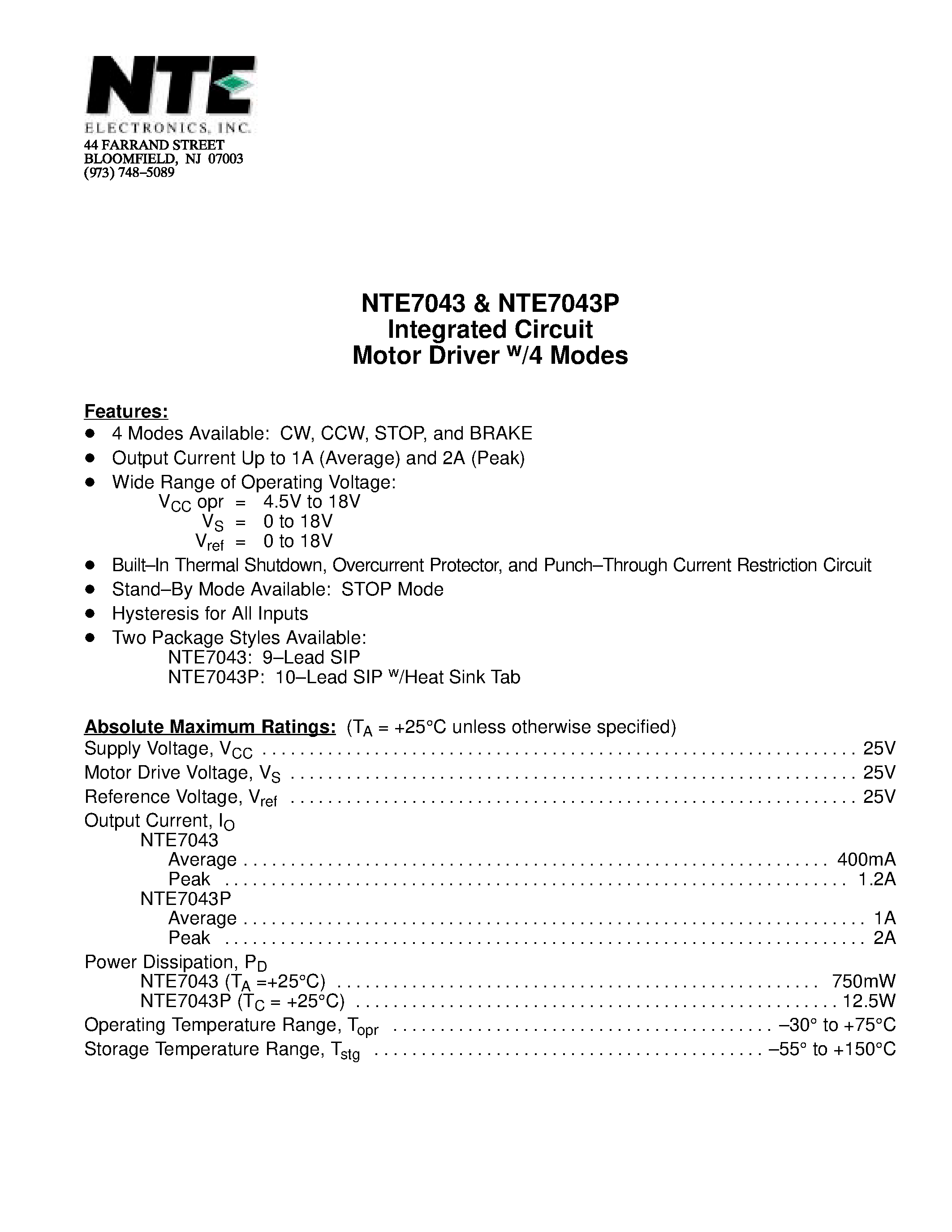 Даташит NTE7043 - Integrated Circuit Motor Driver w/4 Modes страница 1