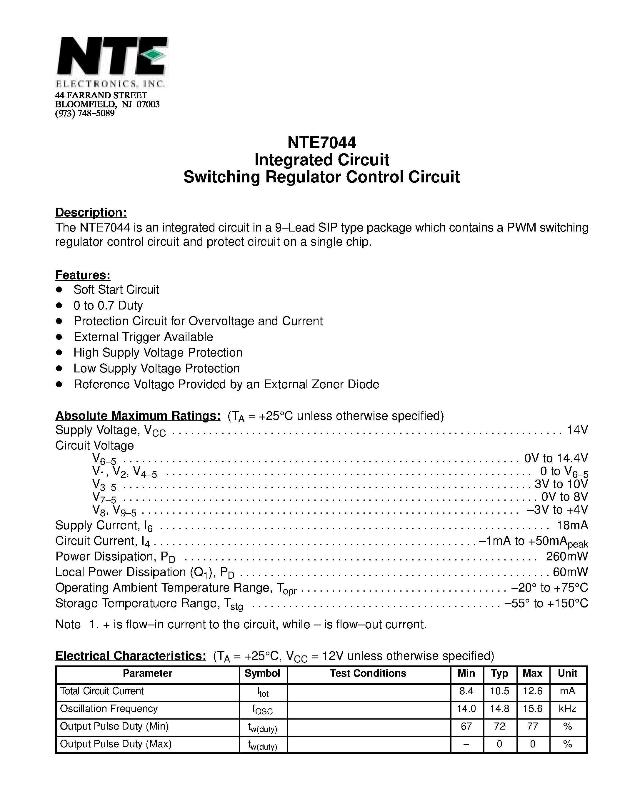 Datasheet NTE7044 page 1 Datasheet NTE7044 - Integrated Circuit Switching Regulator Control Circuit page 1