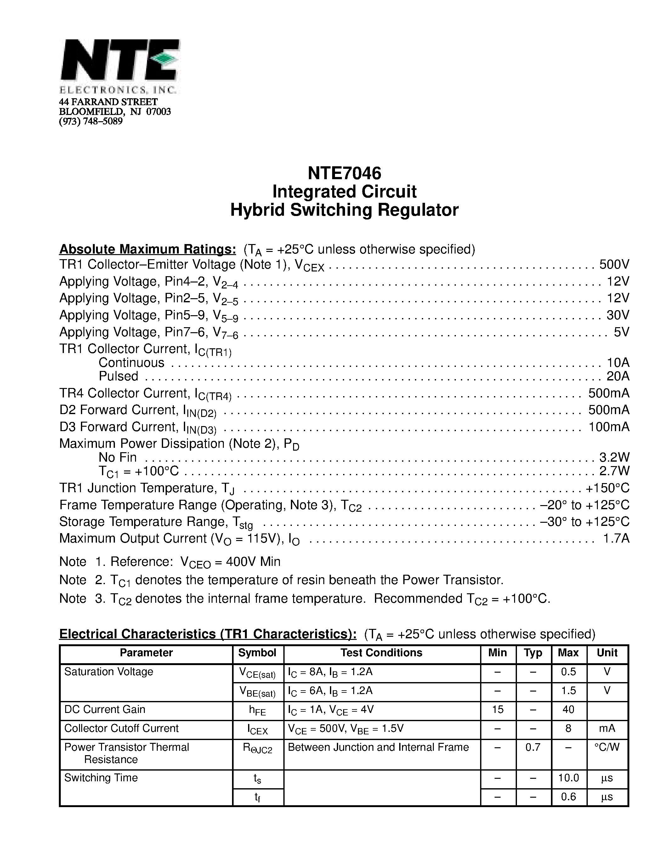Datasheet NTE7046 page 1 Datasheet NTE7046 - Integrated Circuit Hybrid Switching Regulator page 1