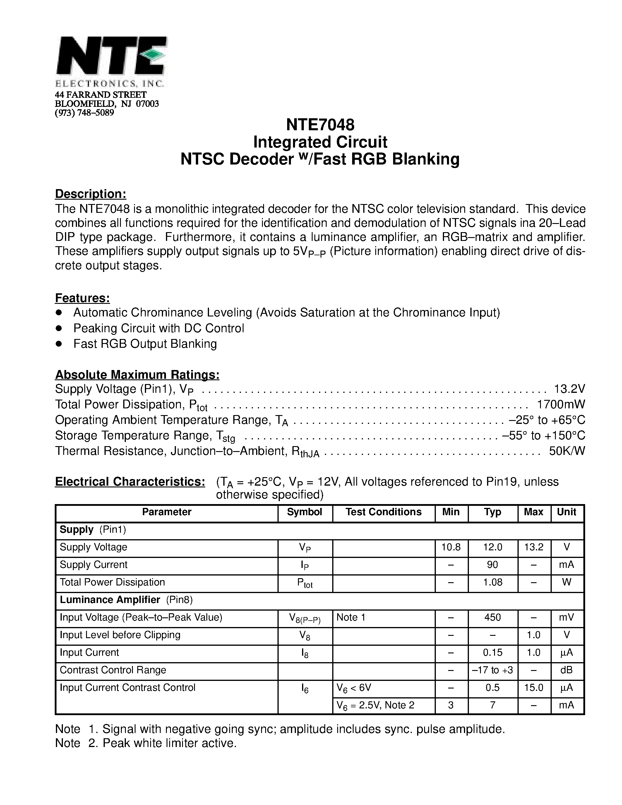 Даташит NTE7048 - Integrated Circuit NTSC Decoder w/Fast RGB Blanking страница 1