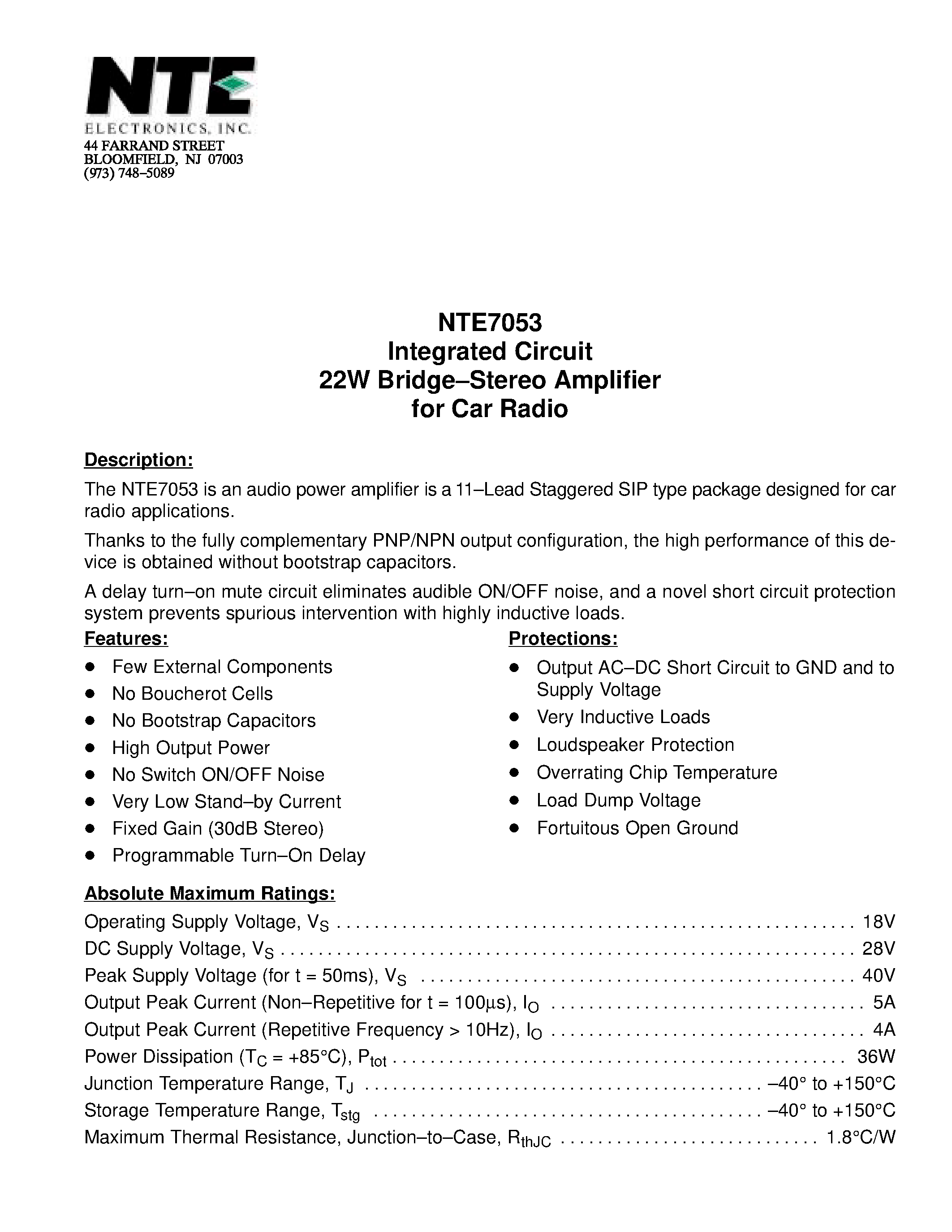 Даташит NTE7053 - Integrated Circuit 22W Bridge-Stereo Amplifier for Car Radio страница 1