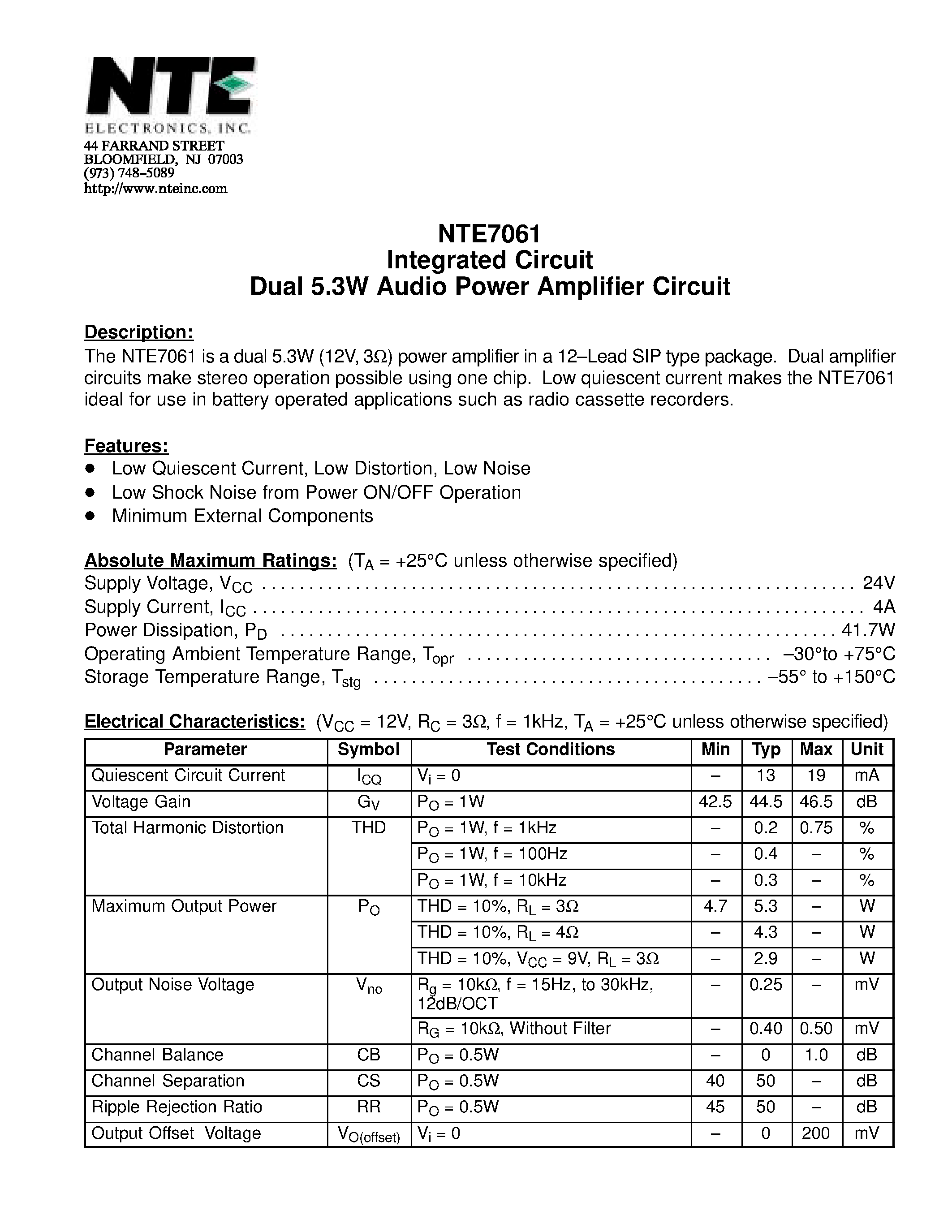 Datasheet NTE7061 - Integrated Circuit Dual 5.3W Audio Power Amplifier Circuit page 1