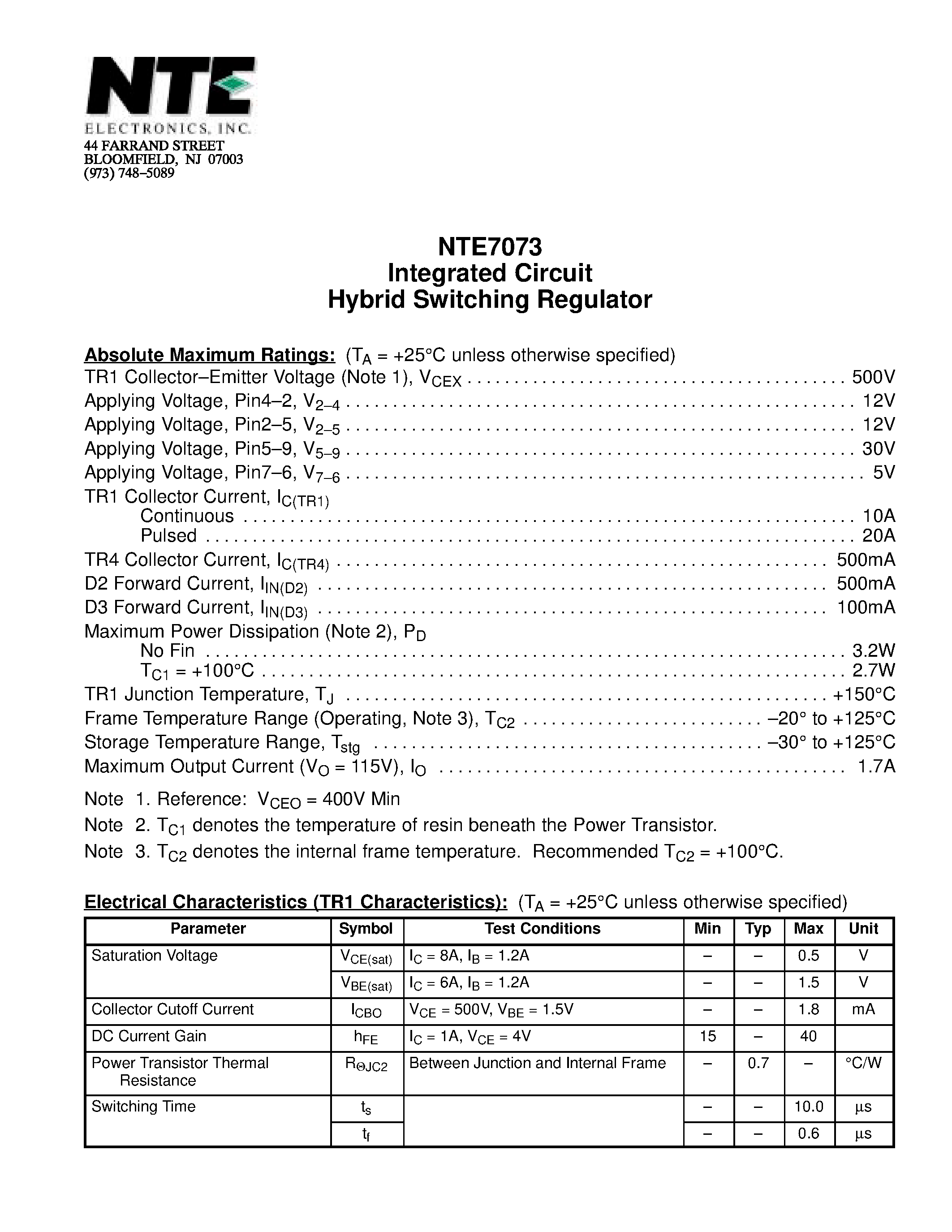 Datasheet NTE7073 page 1 Datasheet NTE7073 - Integrated Circuit Hybrid Switching Regulator page 1