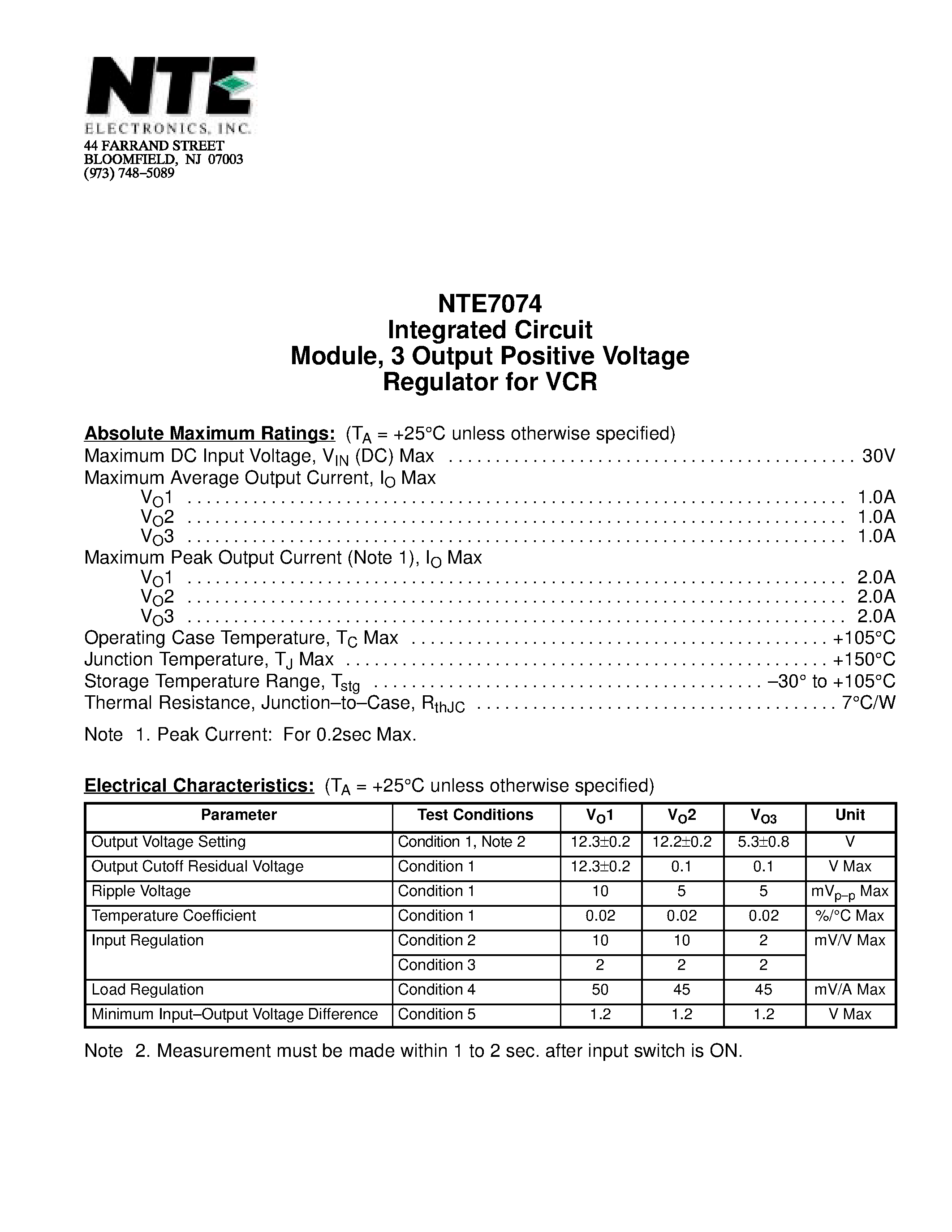 Datasheet NTE7074 page 1 Datasheet NTE7074 - Integrated Circuit Module / 3 Output Positive Voltage Regulator for VCR page 1