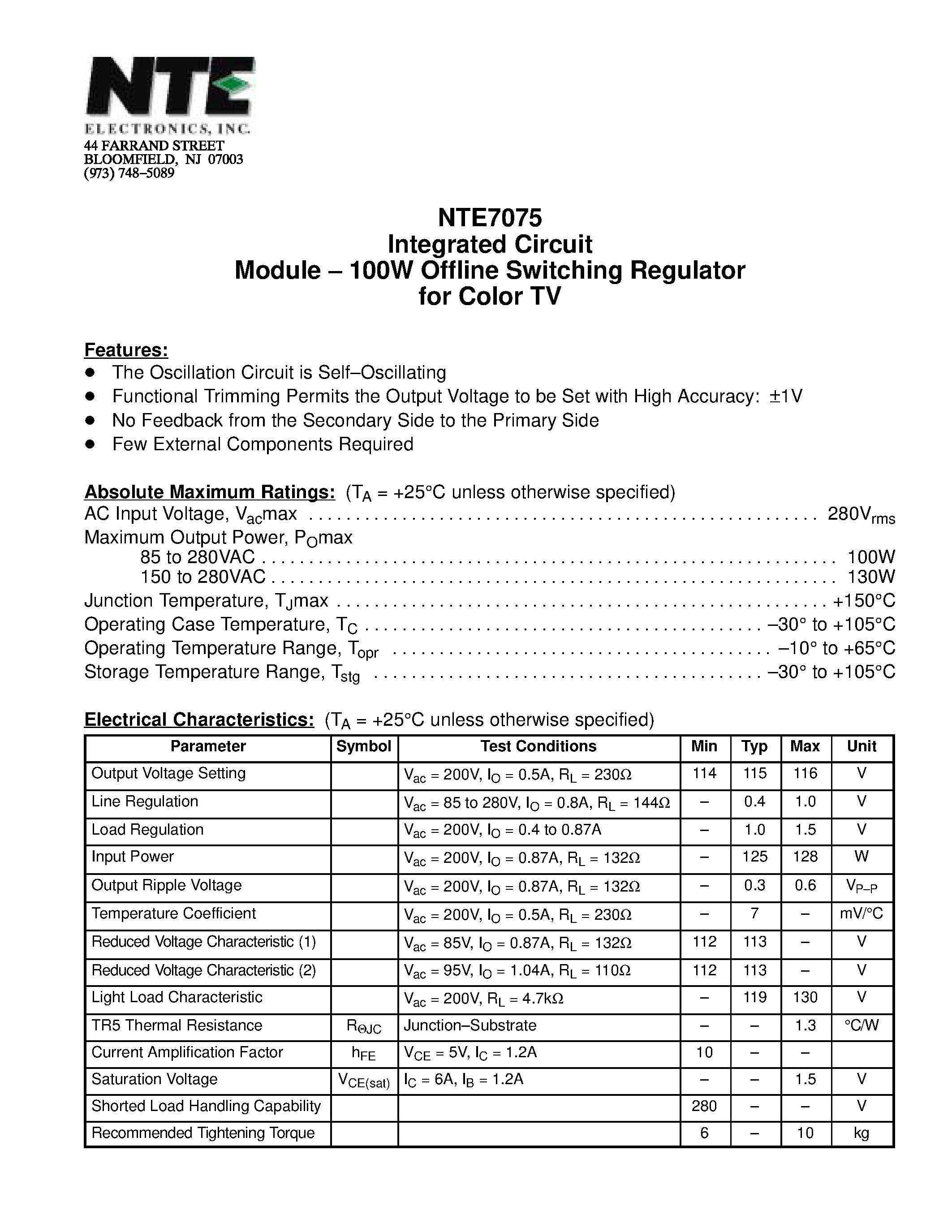 Datasheet NTE7075 page 1 Datasheet NTE7075 - Integrated Circuit Module - 100W Offline Switching Regulator for Color TV page 1