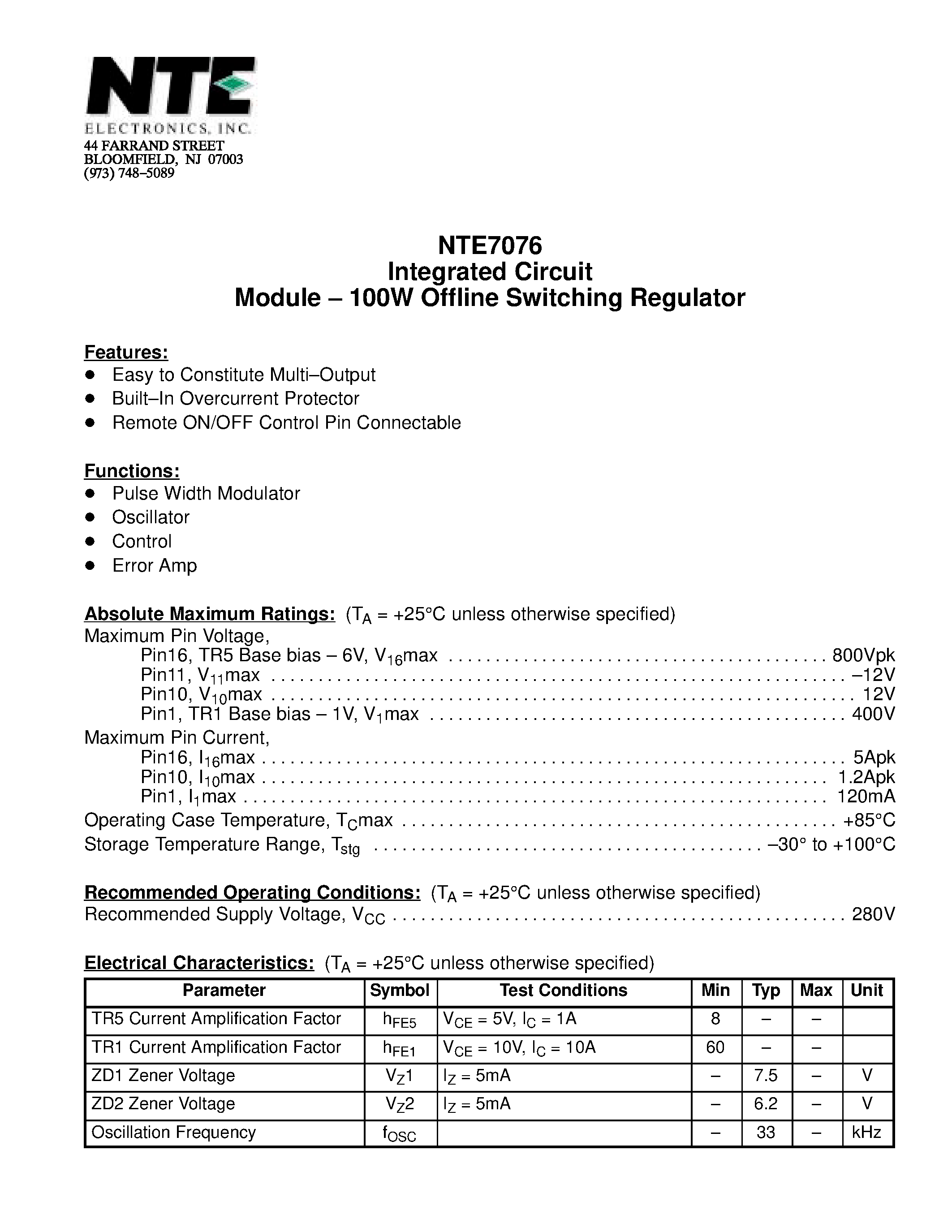 Datasheet NTE7076 page 1 Datasheet NTE7076 - Integrated Circuit Module - 100W Offline Switching Regulator page 1