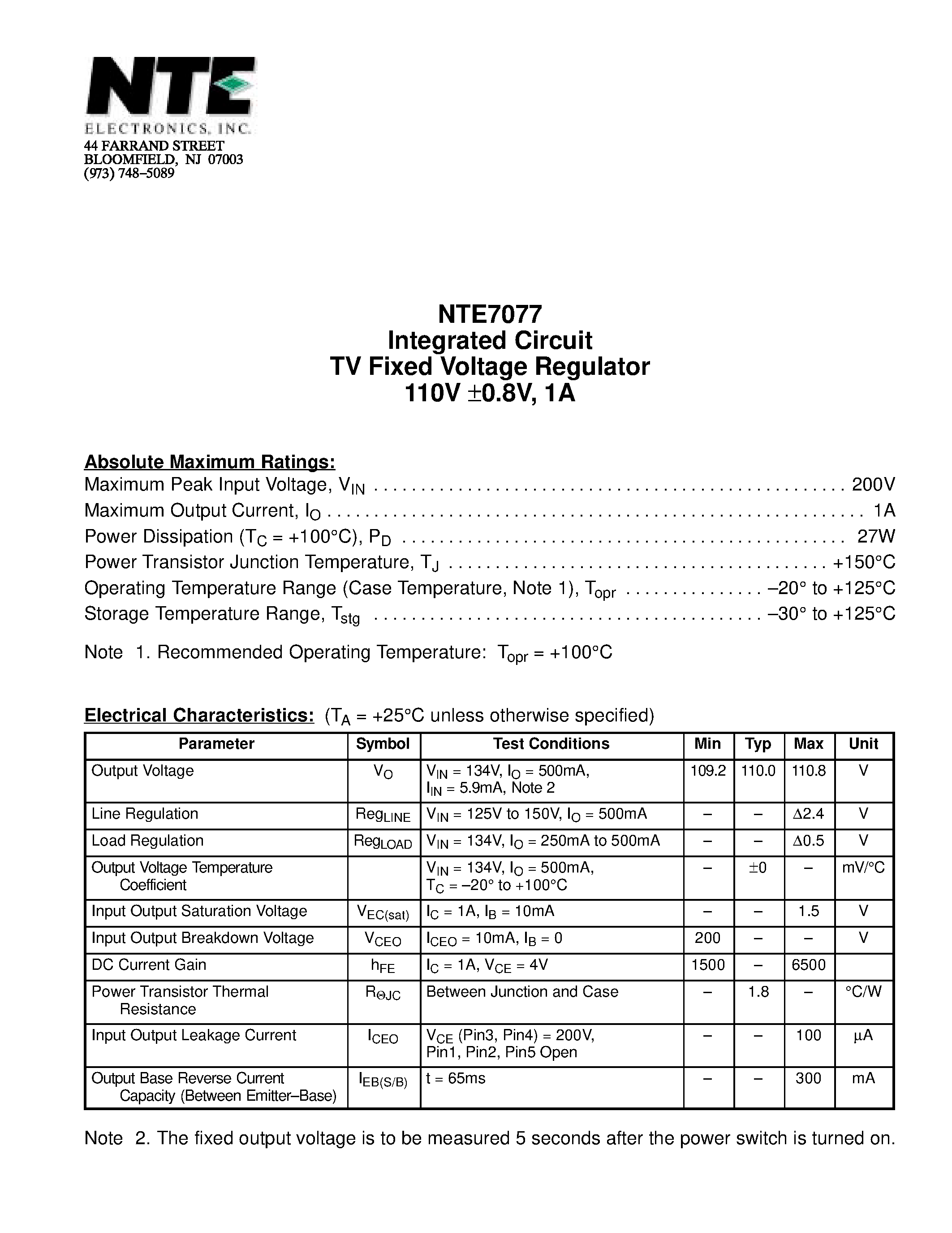 Datasheet NTE7077 - Integrated Circuit TV Fixed Voltage Regulator 110V 0.8V / 1A page 1